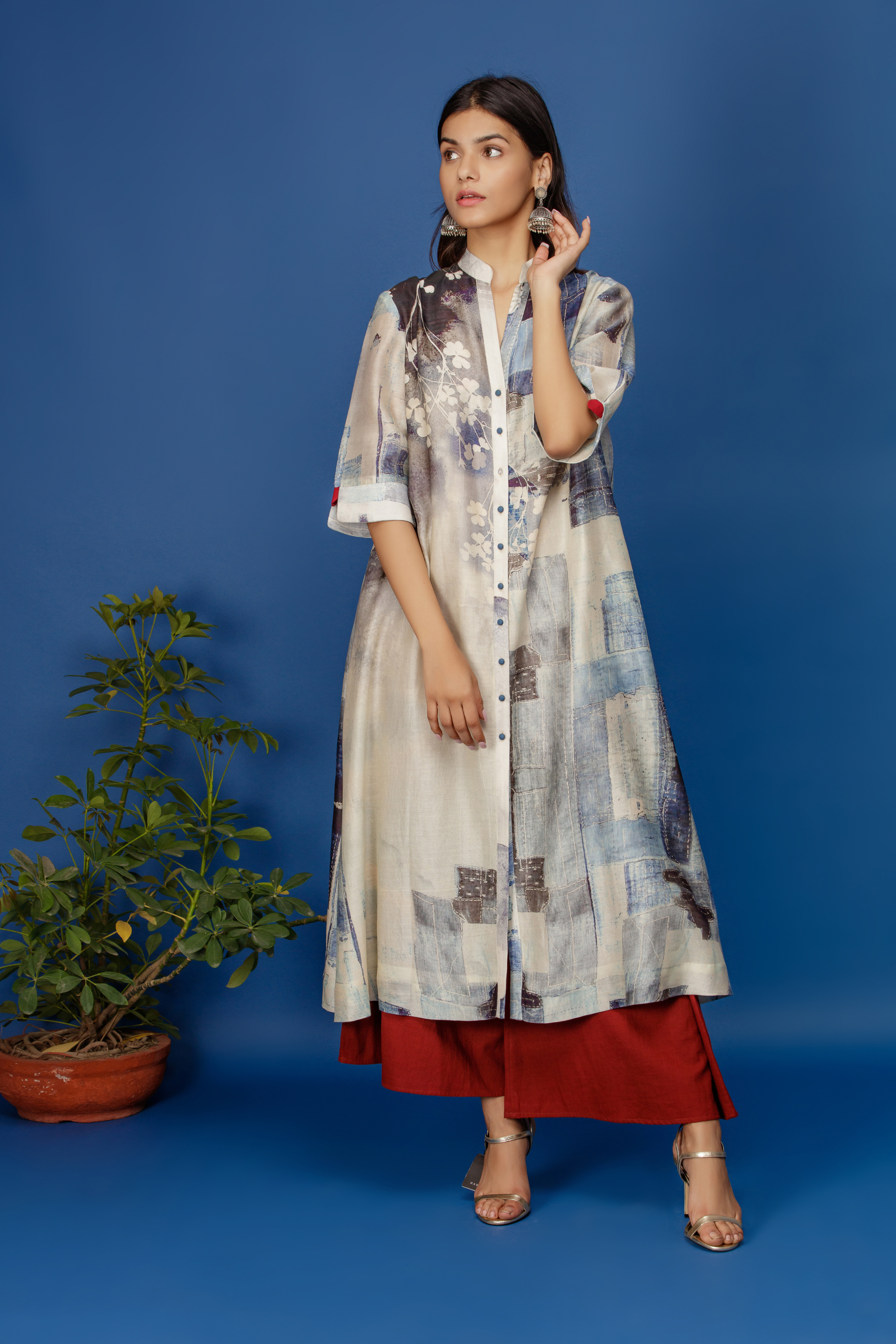 Floral & Abstract Printed Front Open Ivory Kurta