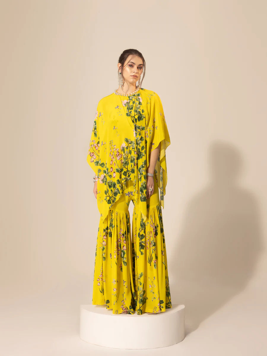 Yellow Botanical Asymmetric Top & Sharara Pants