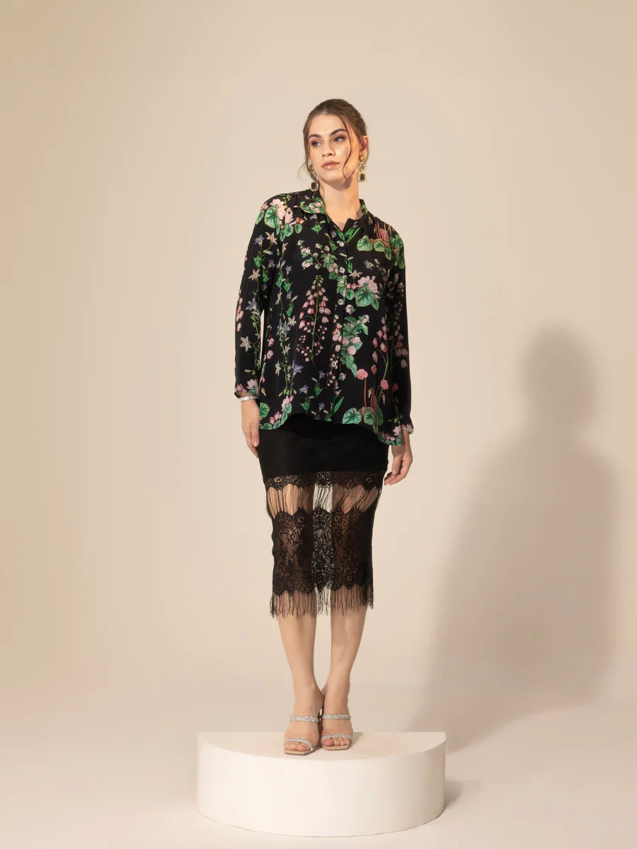 Black Botanical Printed Shirt & Chantilly Lace Skirt Set (Copy)