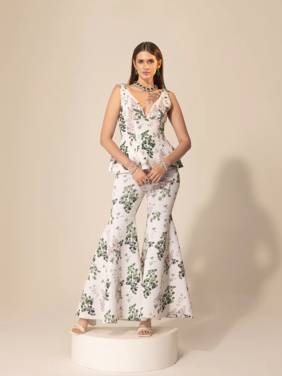 White Botanical Asymmetric Top & Sharara Pants