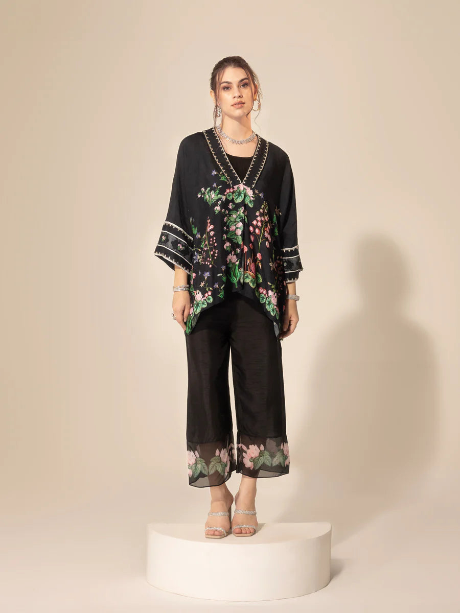 Black Botanical Printed Short Kaftan & Ankle Pants Set