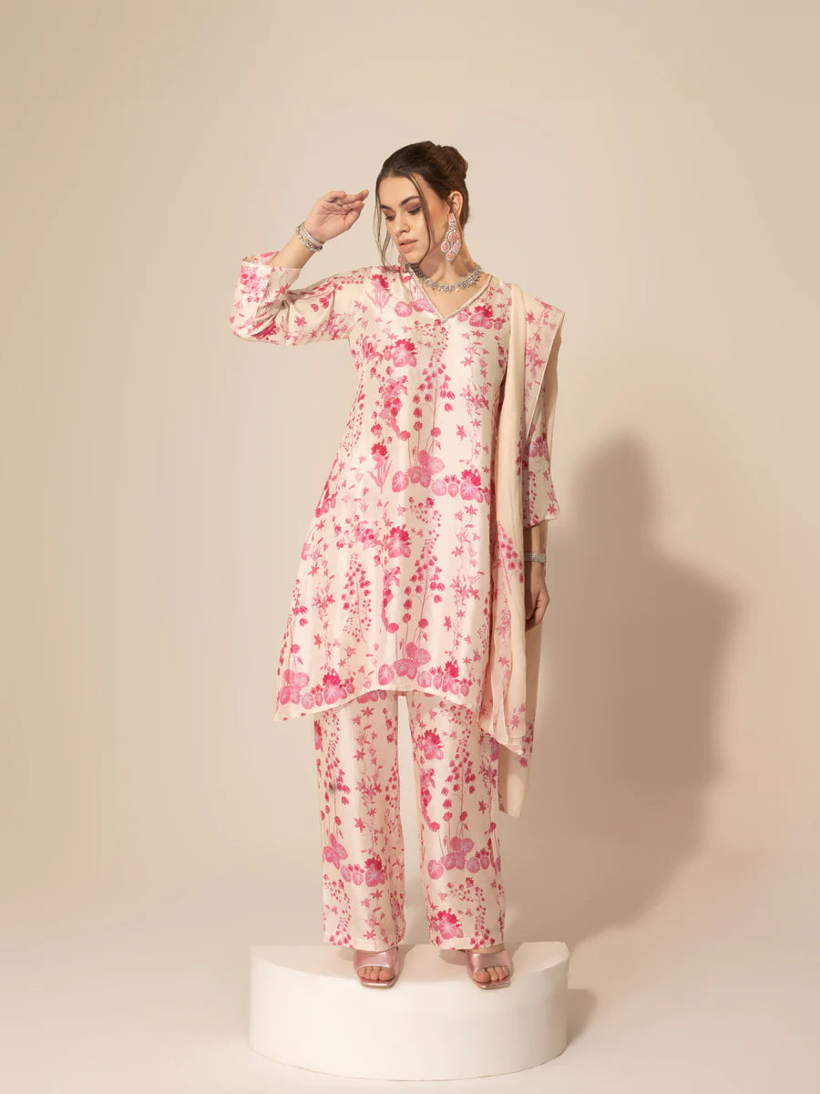 Ivory & Pink  Botanical Printed Kurta Set