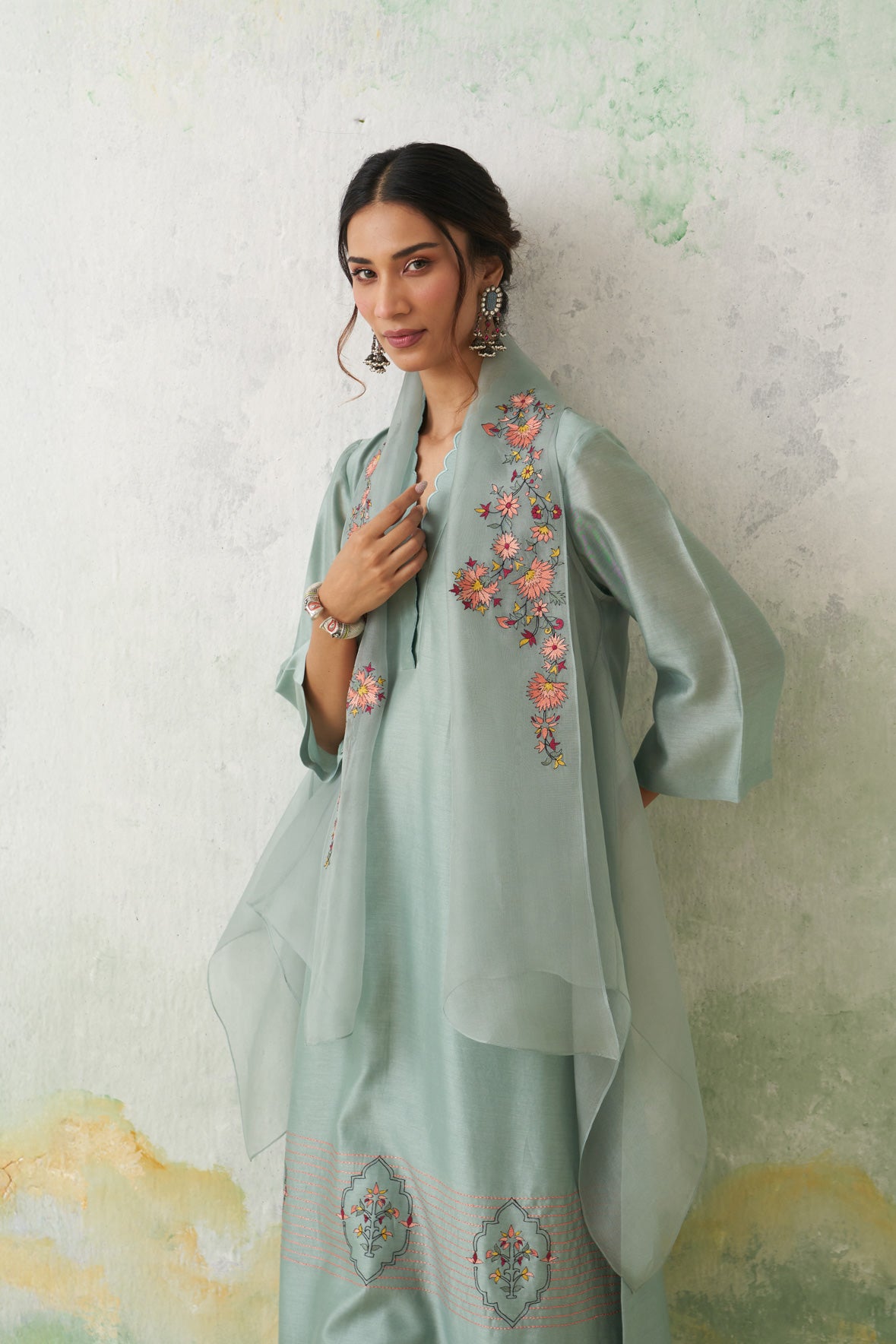 Aqua Chanderi Kashmiri Emb. Kurta Set