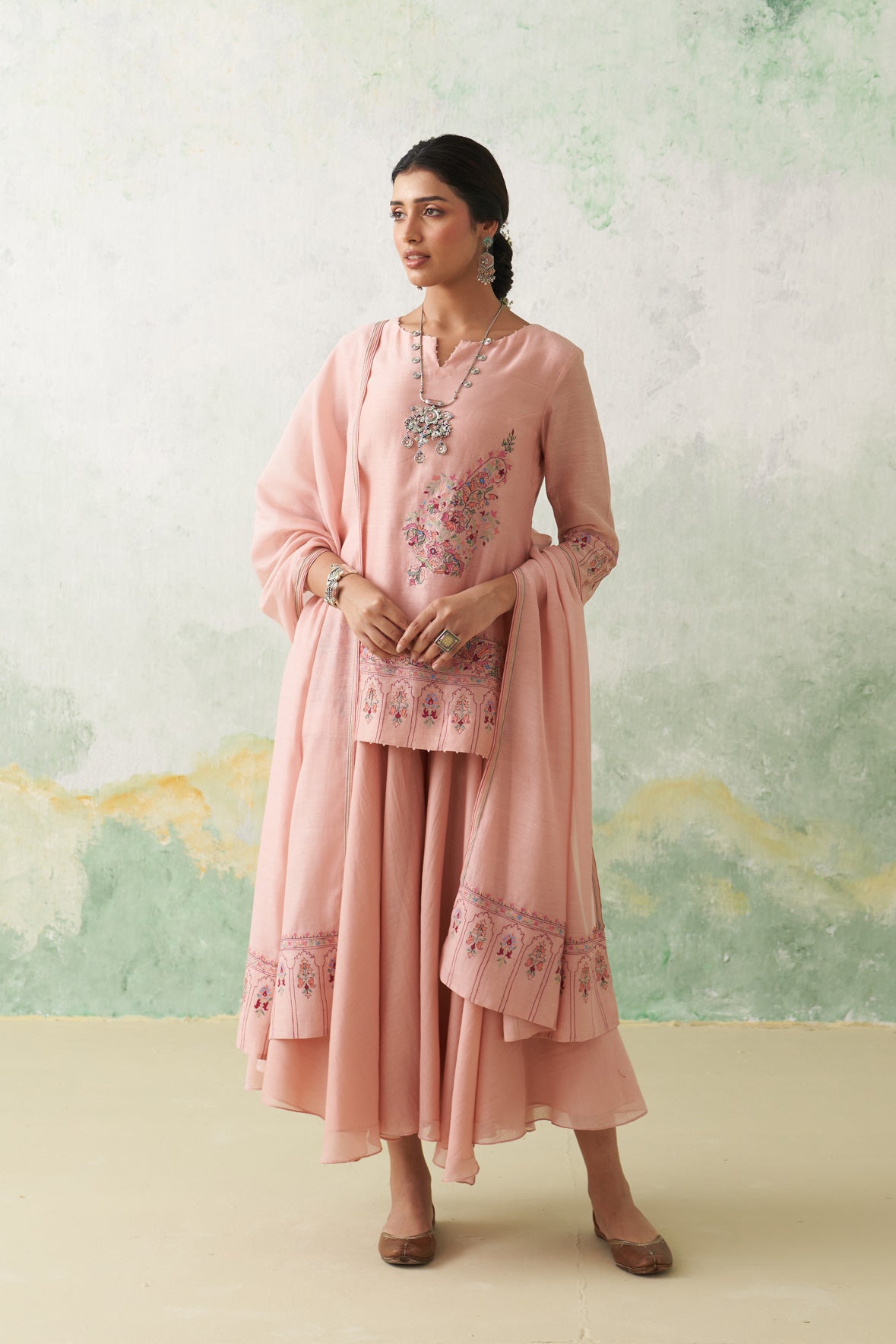 Soft Pink Chanderi Kashmiri Emb. Short Kurta