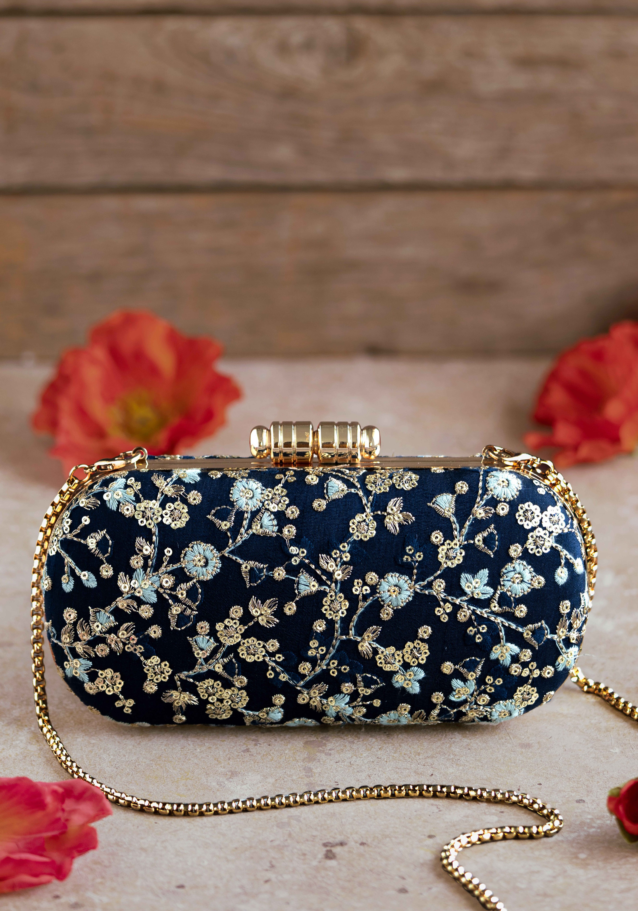 Elan Navy Silk Capsule Clutch