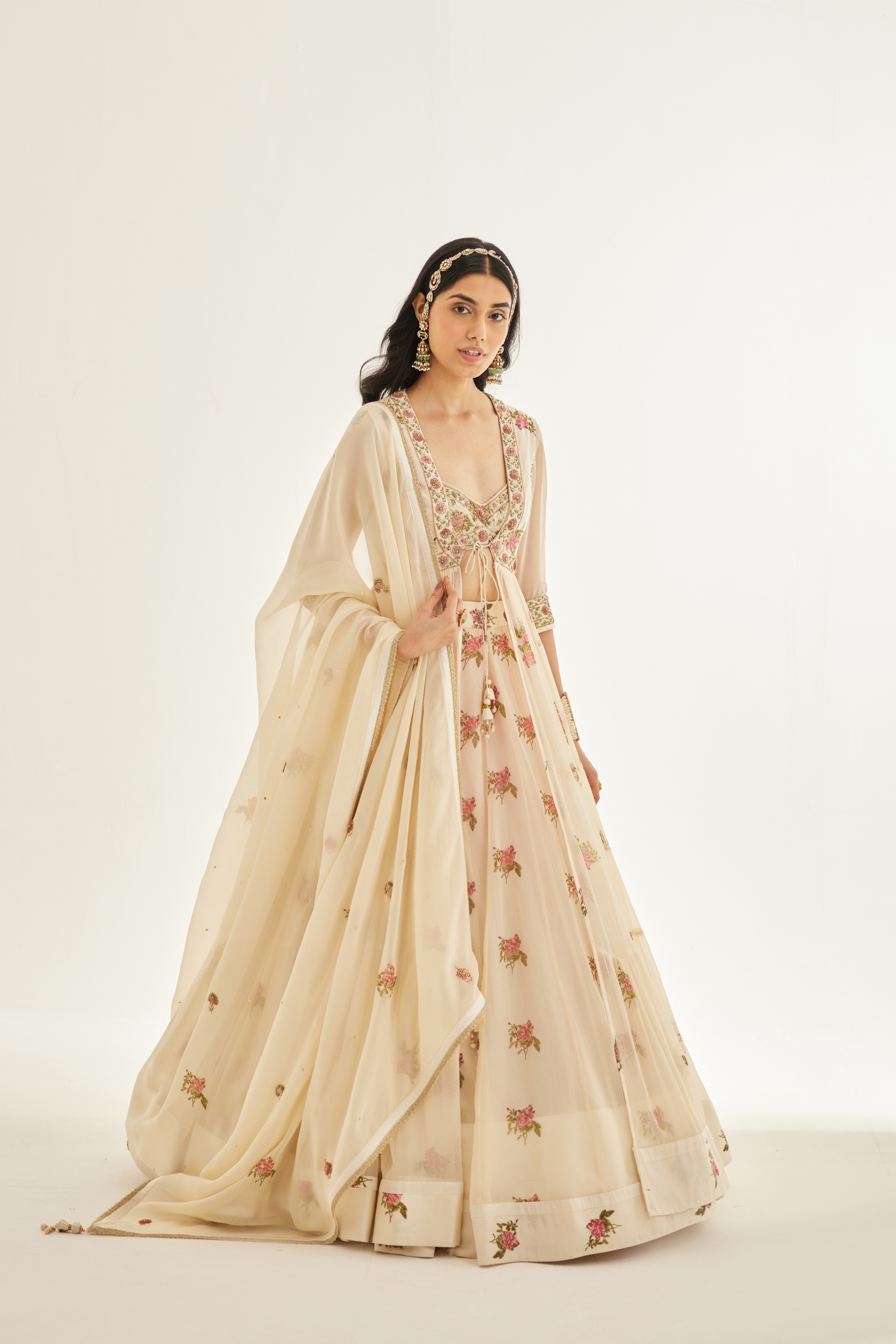 Zardozi Embroidered Hand Block Printed Multi Tiered Angrakha , Blouse And Dupatta