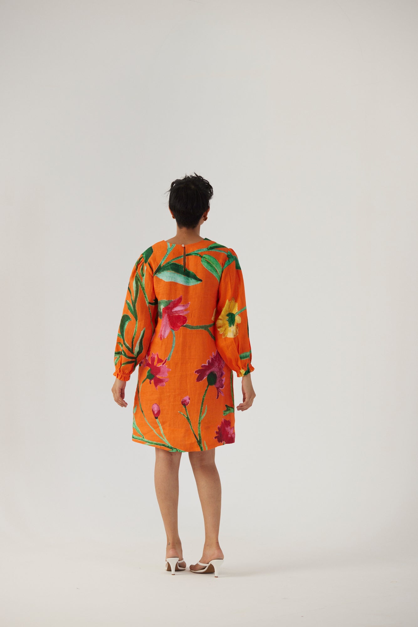 Big Botanical Orange Linen Short Dress