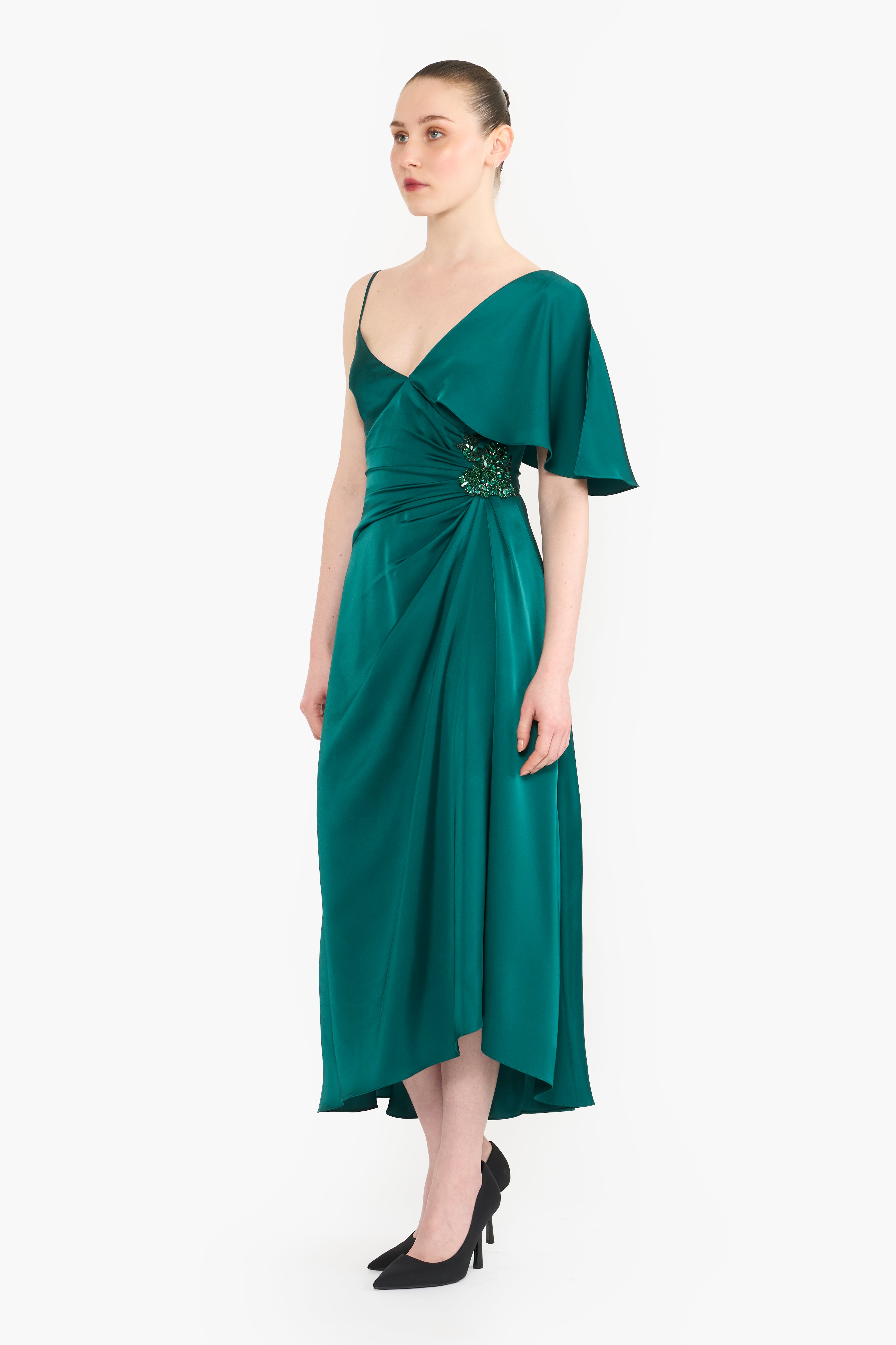 Asymmetric Satin Draped Midi