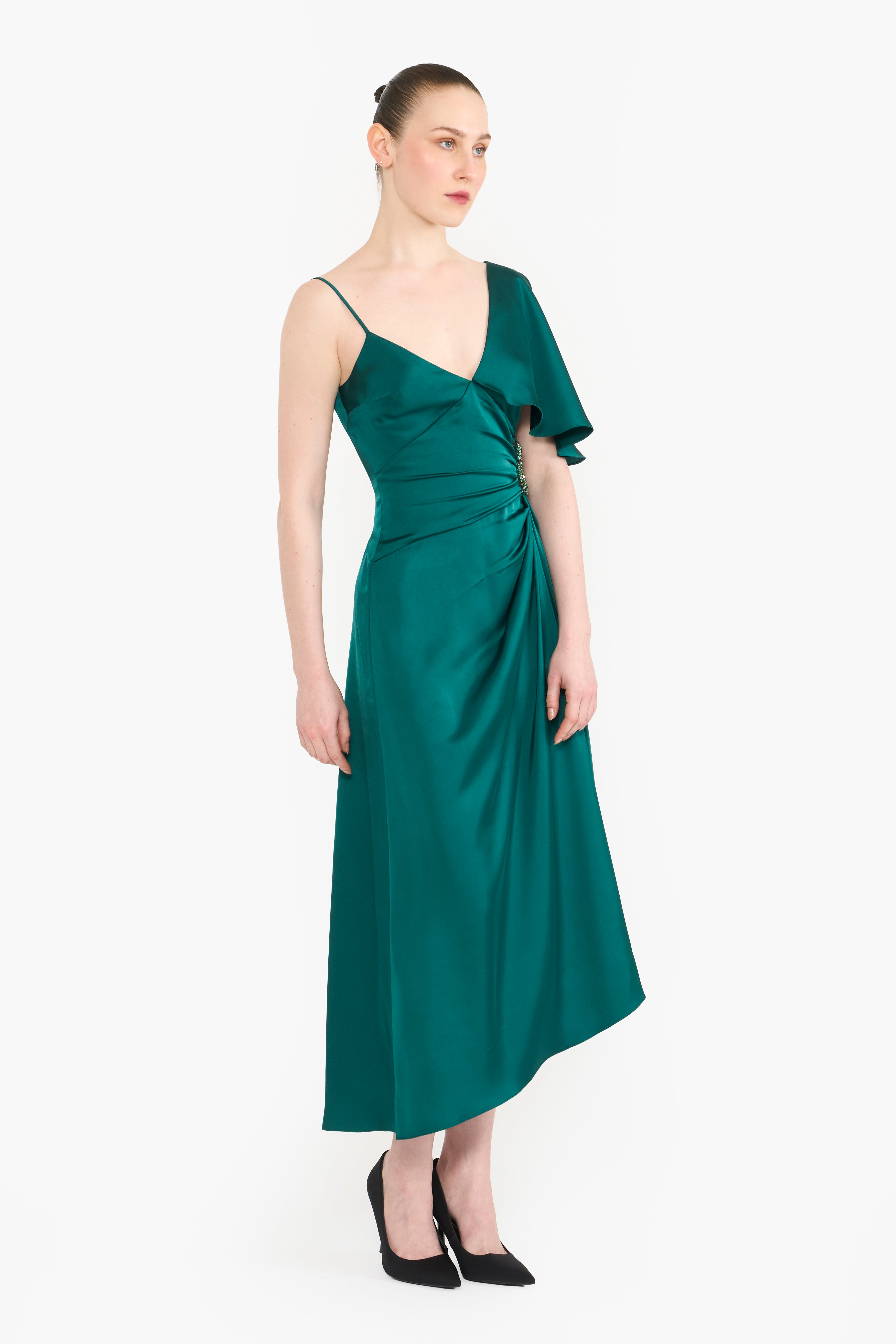 Asymmetric Satin Draped Midi