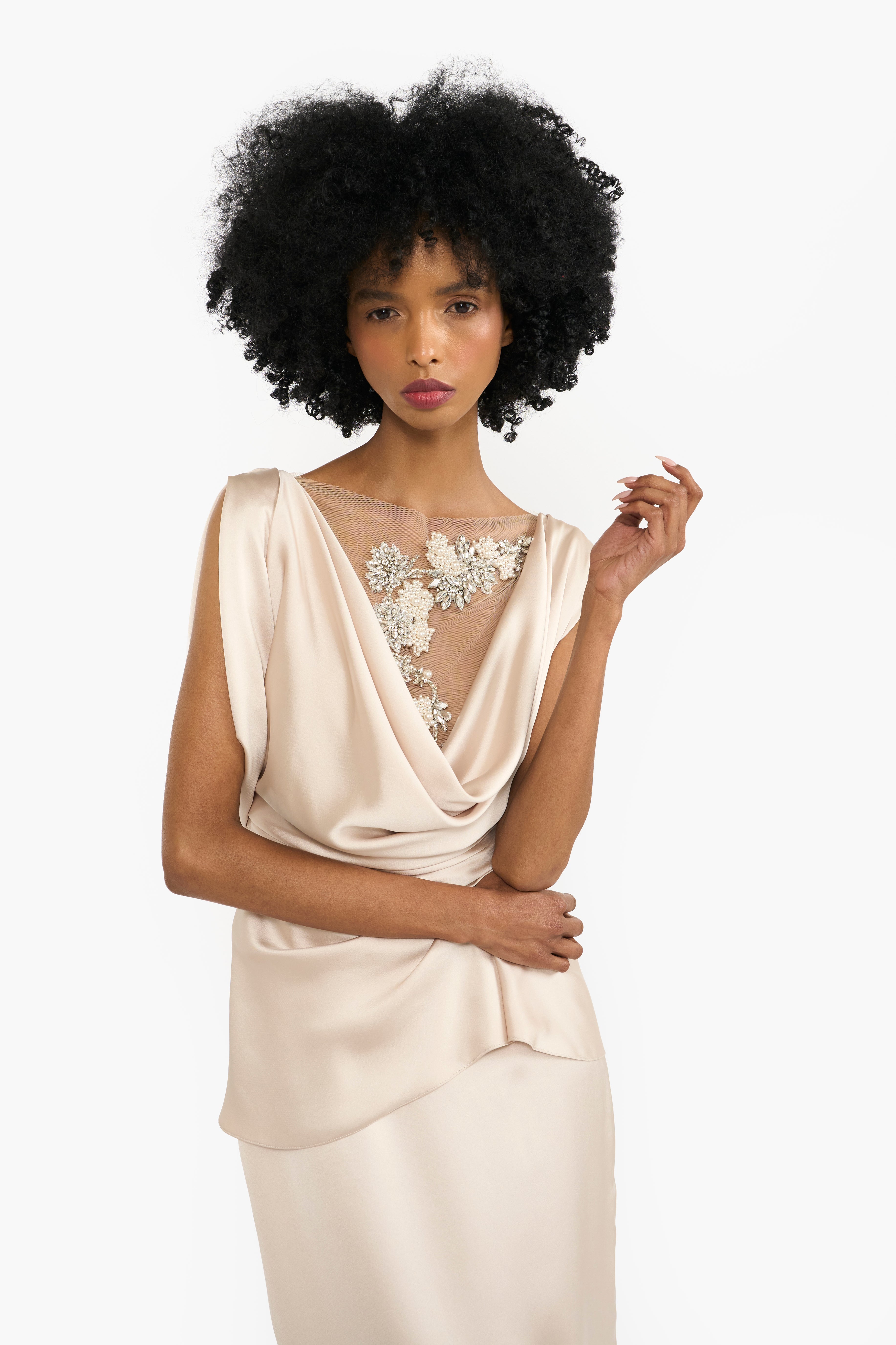 Cowl Neck Draped Pencil Dress