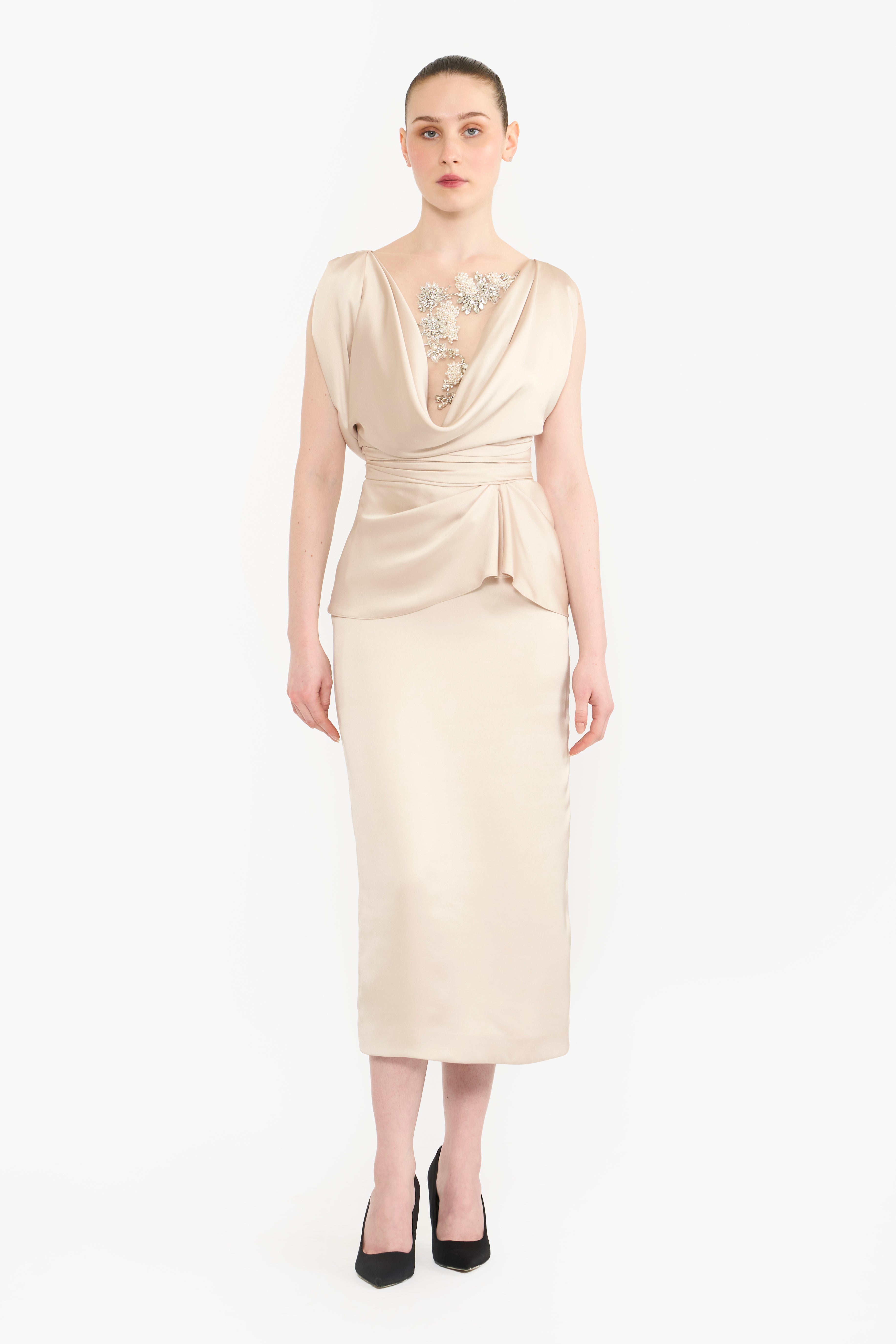 Cowl Neck Draped Pencil Dress