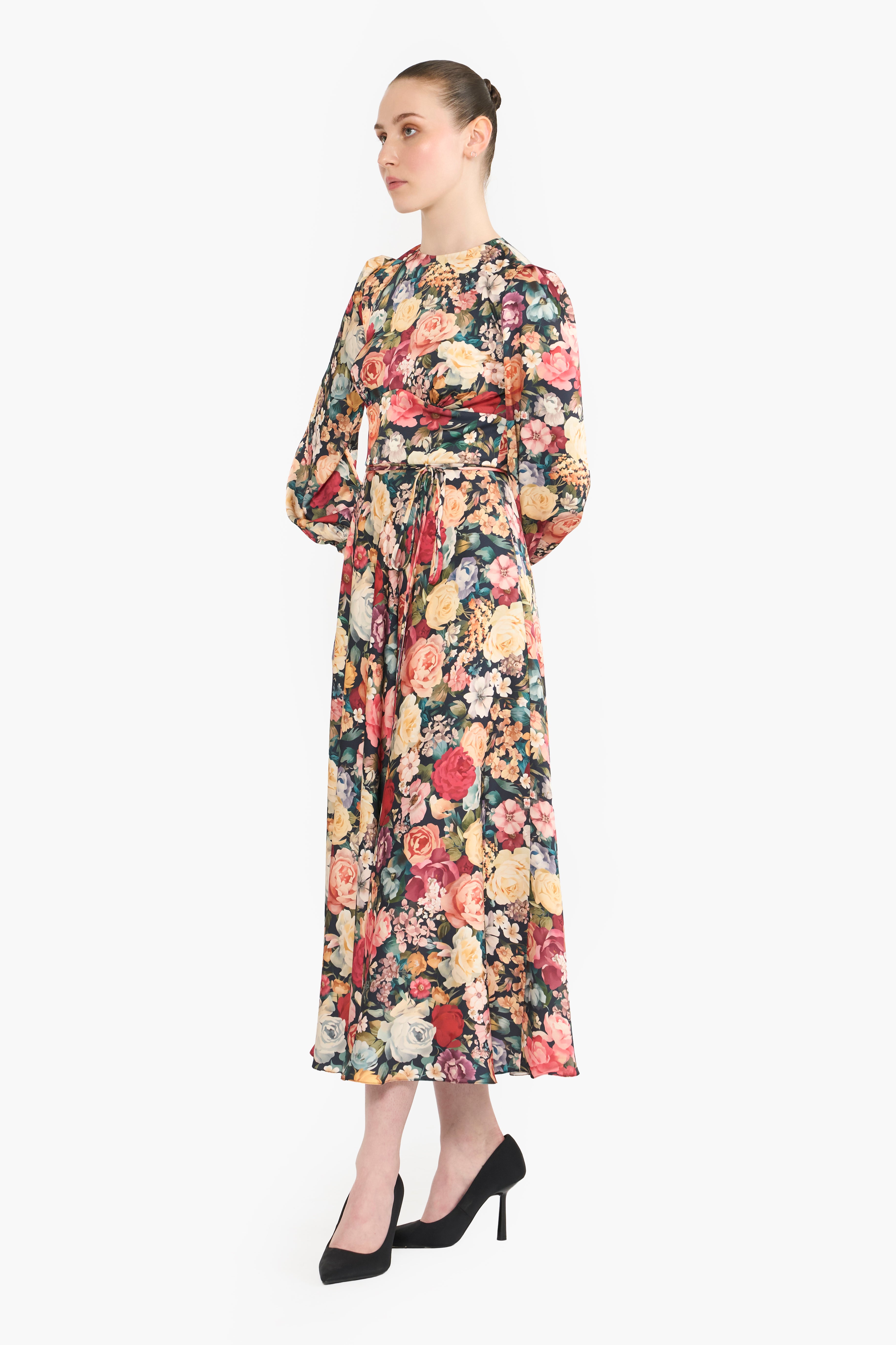 Flowing Satin Pouf Sleeves Midi