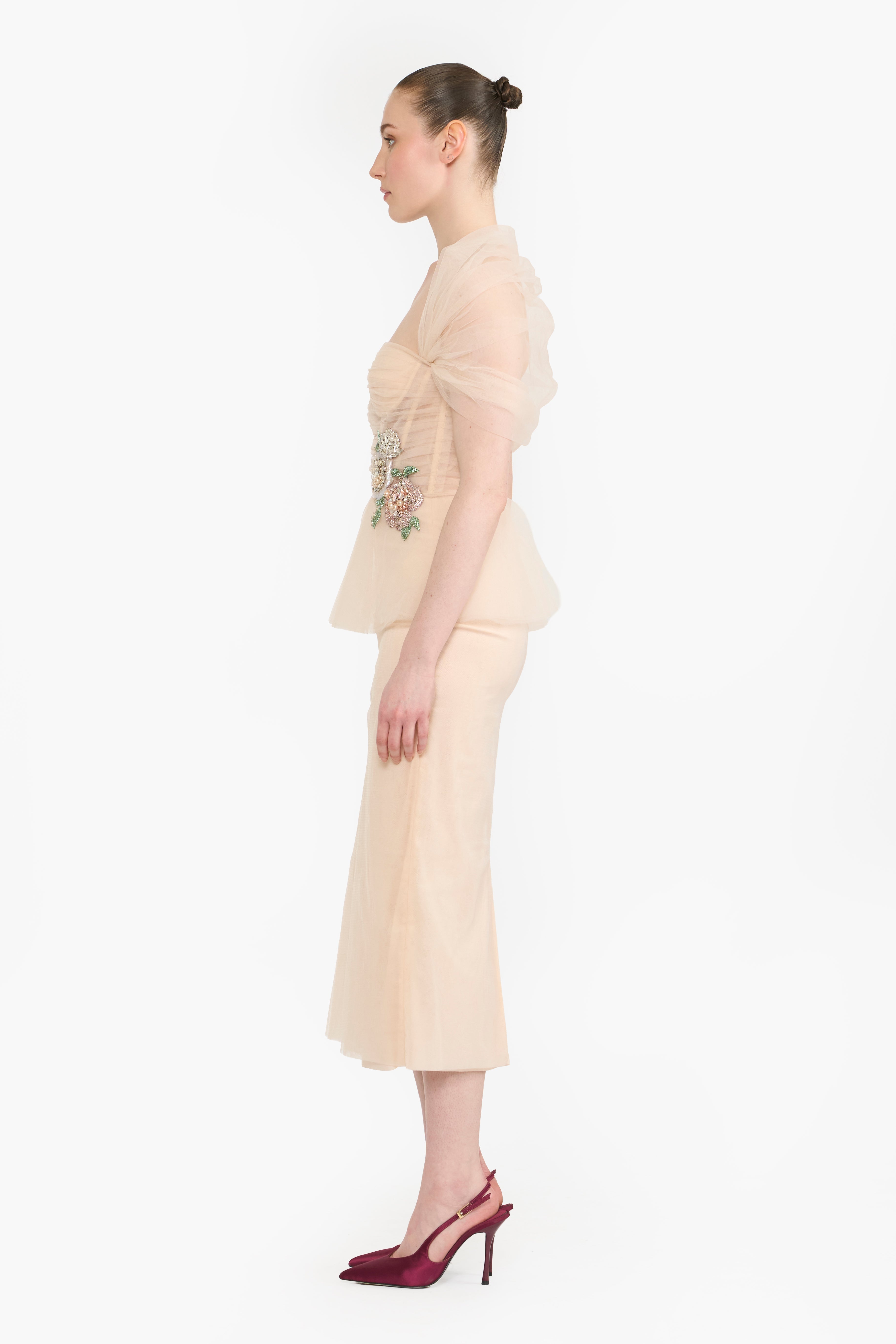 Tulle Pencil Dress With Shoulder Drape