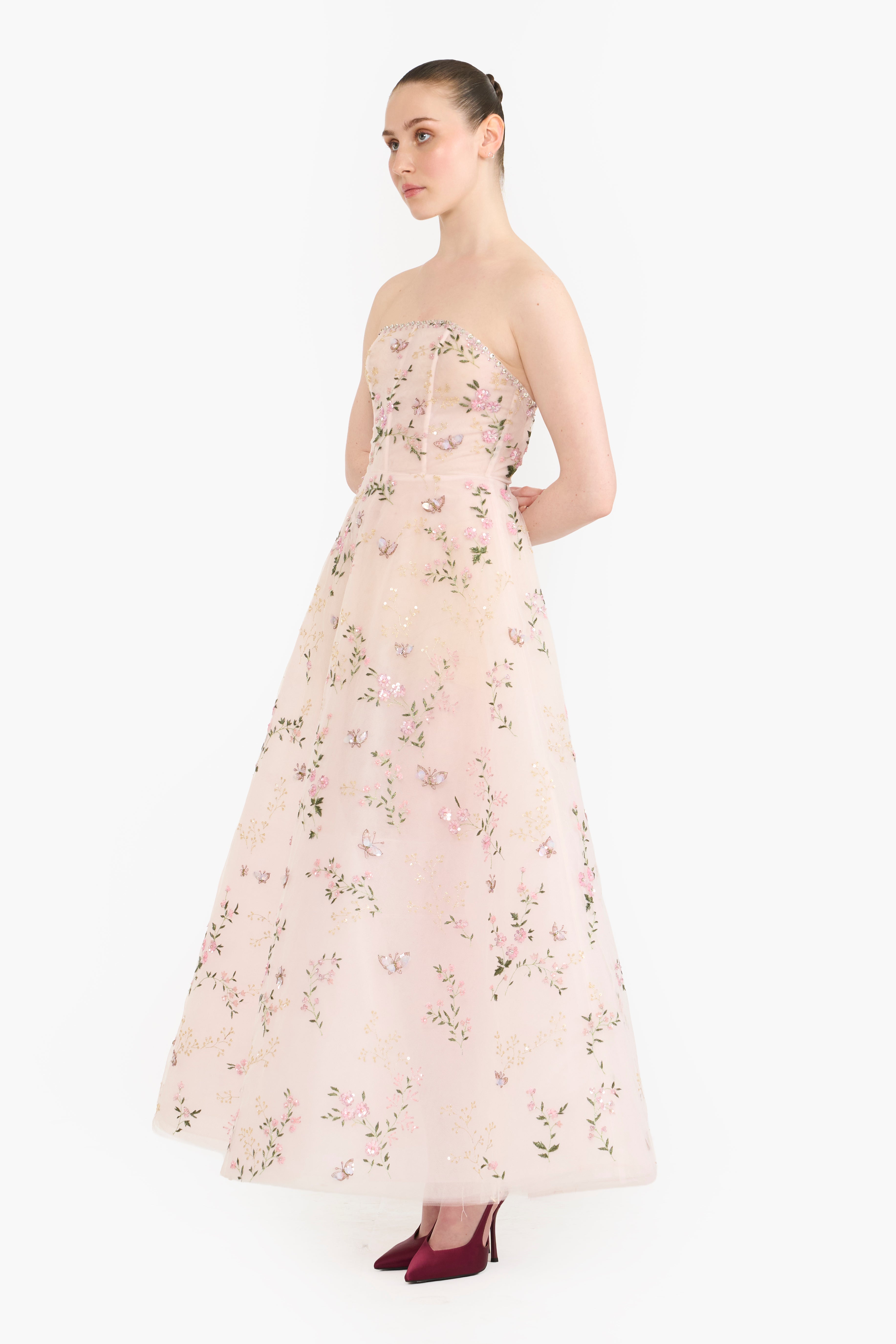 Embroidered Tulle Tea Length Maxi