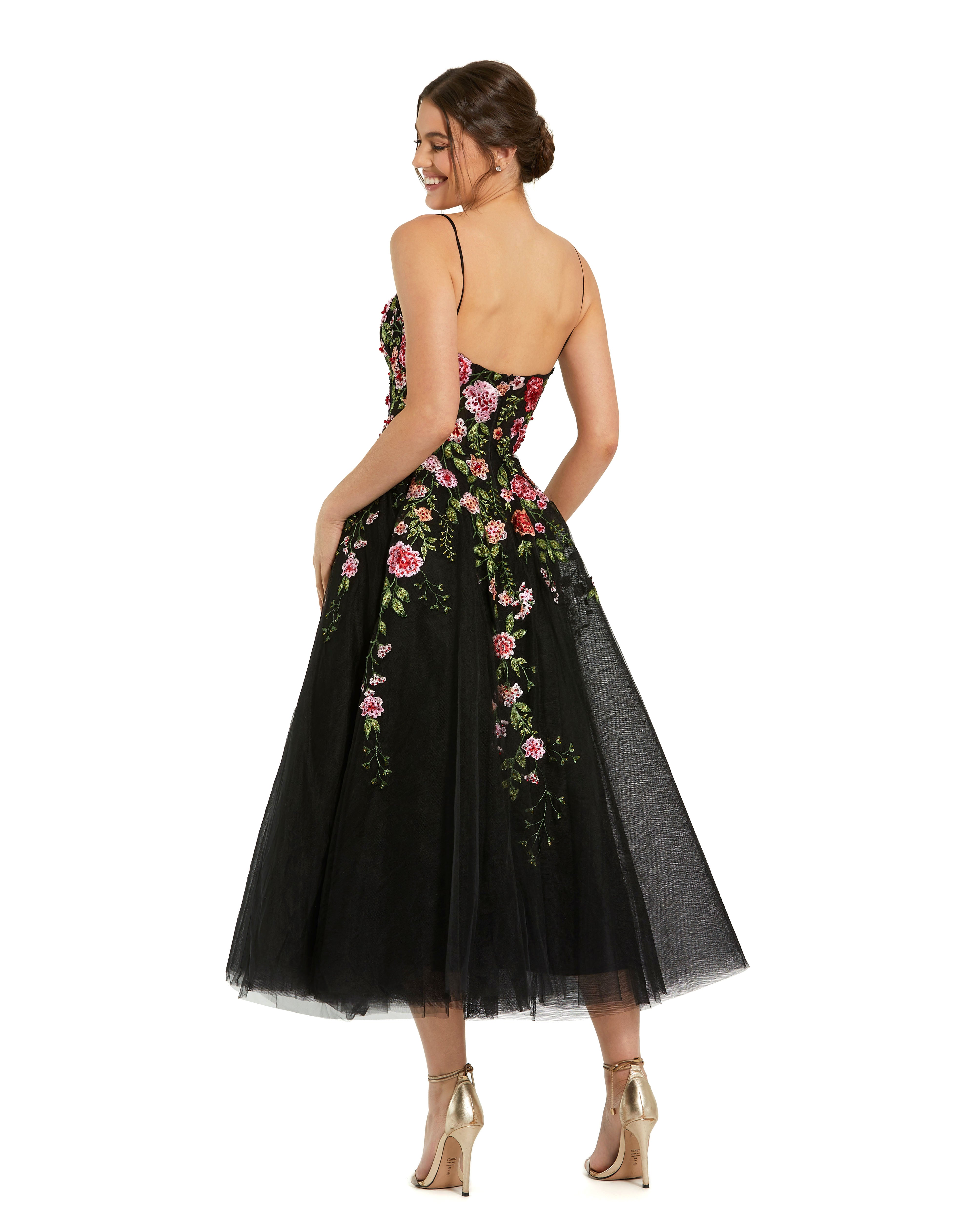 Black Floral Embroidered Midi Dress