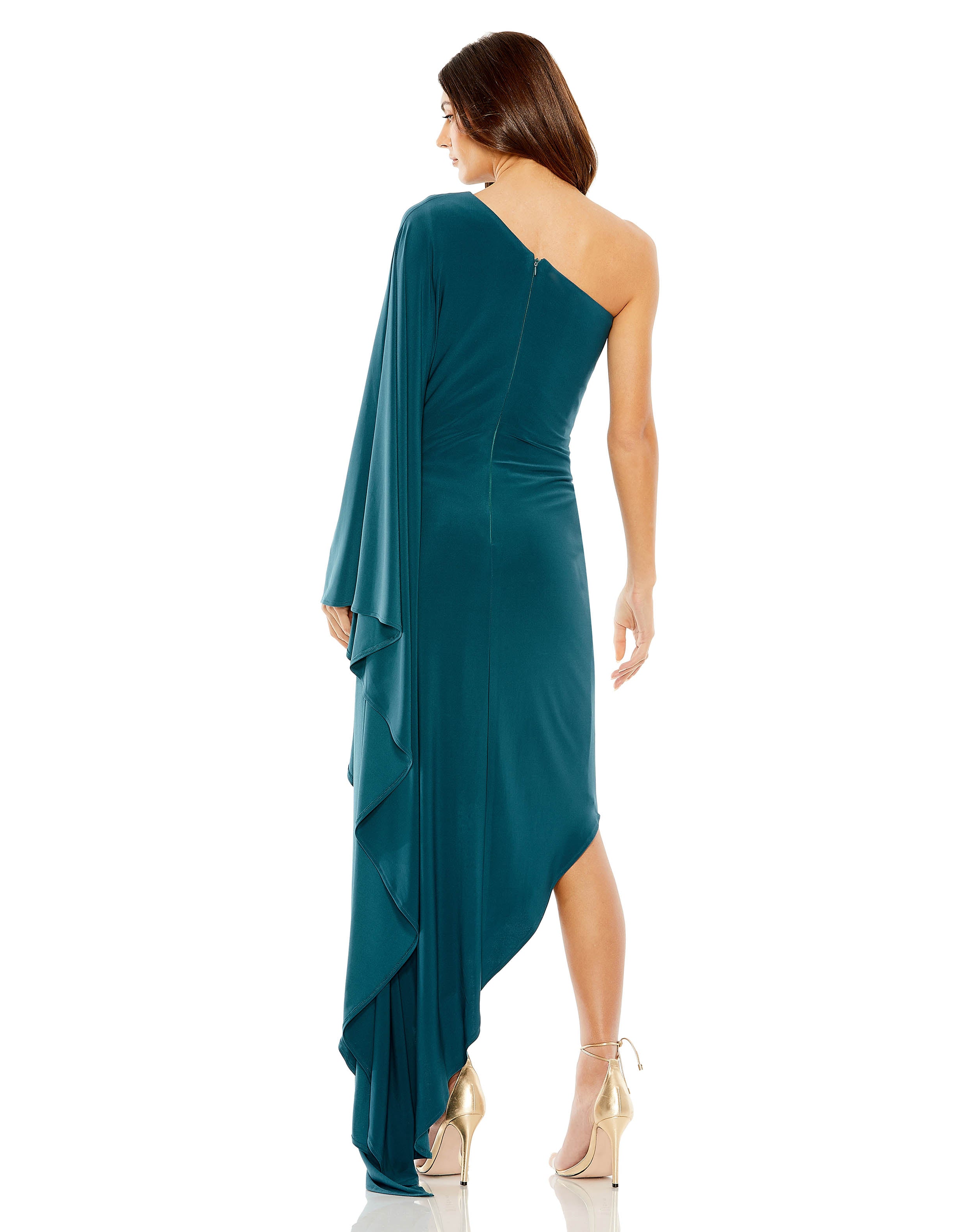 One Shoulder Cape Sleeve Ruched Detail Jersey Gown