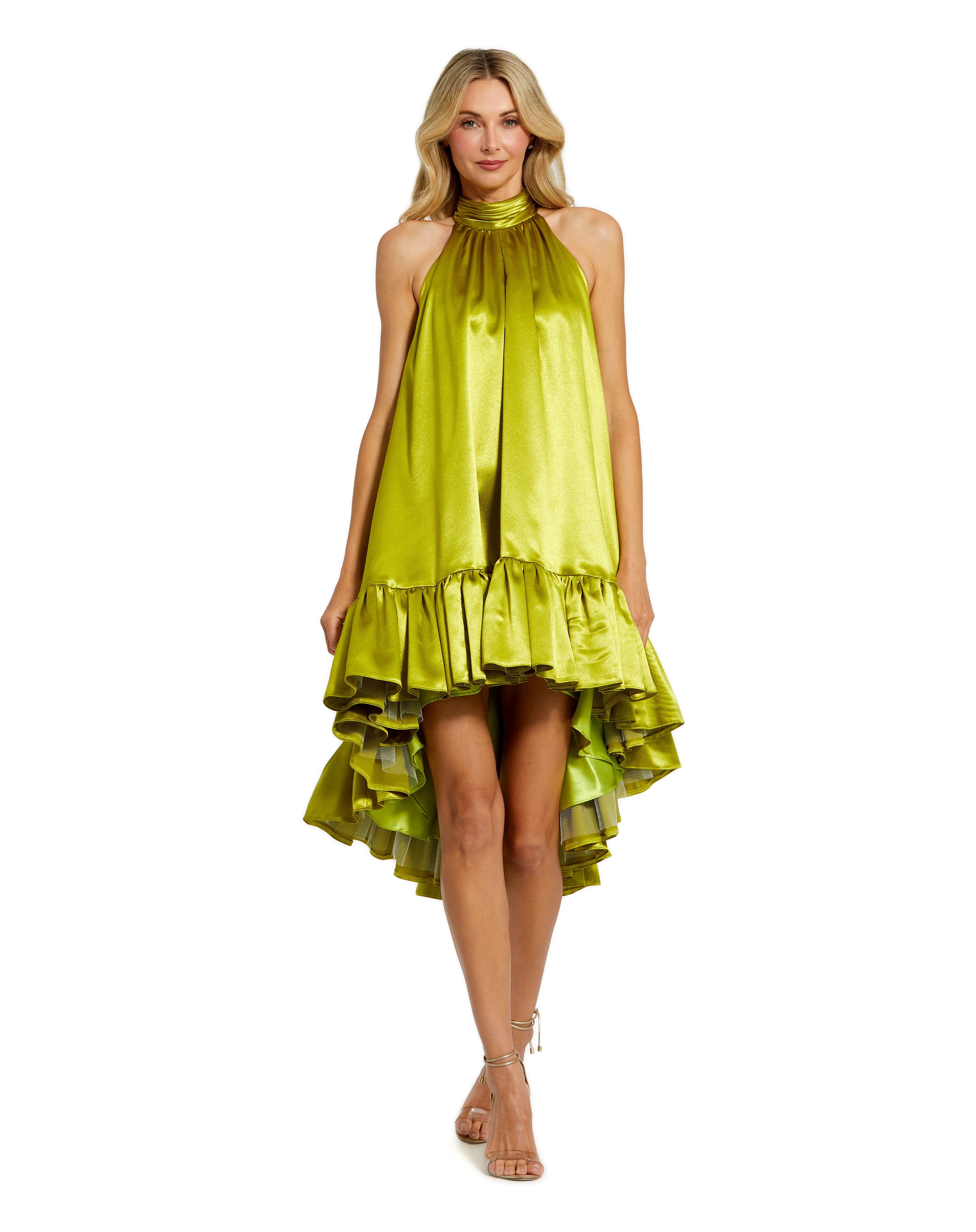 Green High Neck Satin Mini Dress With Keyhole