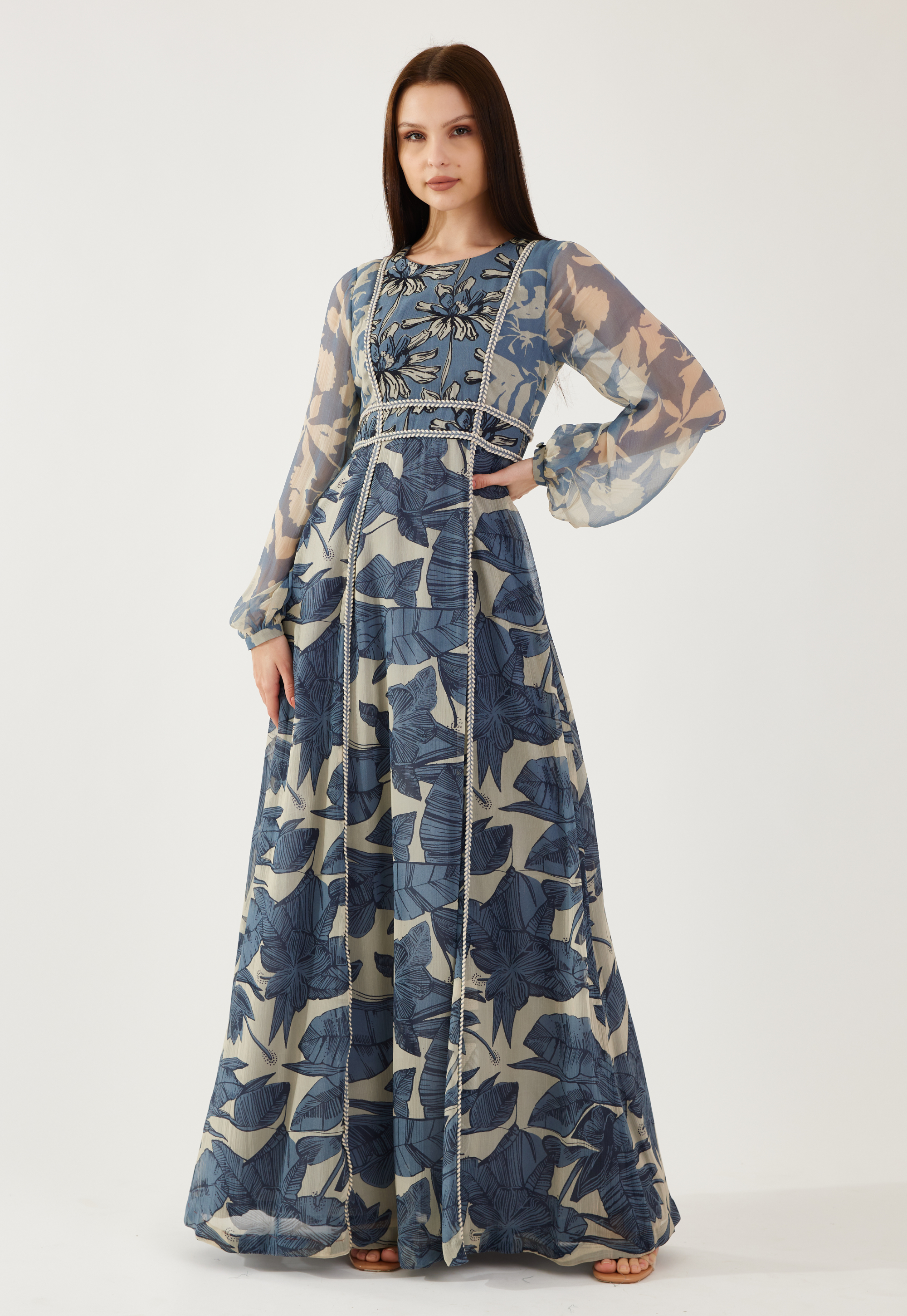 Blue and cream floral embroidered kaftan dress
