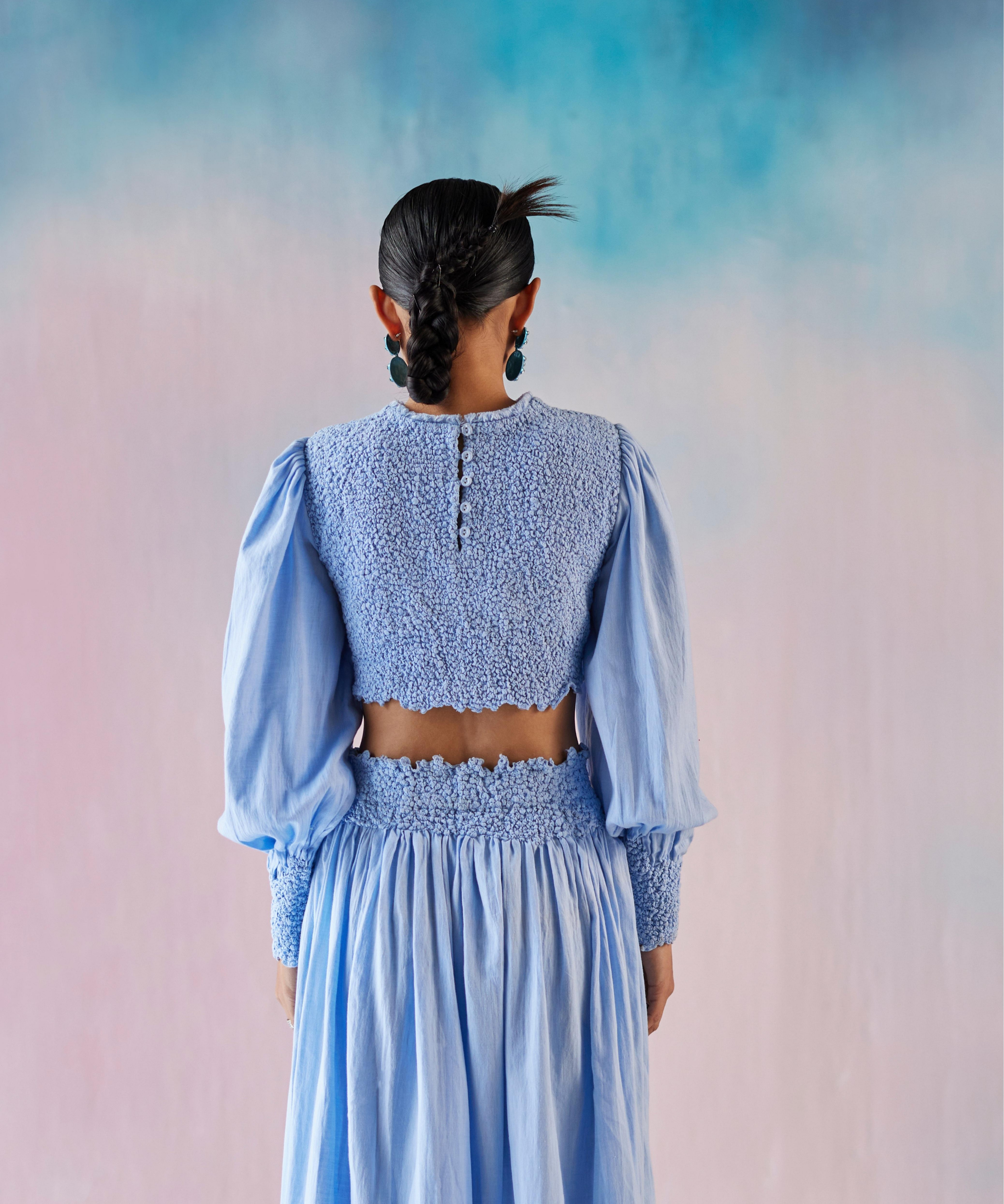 Boy Blue Smocked Crop Top With Leg-o-mutton Sleeves