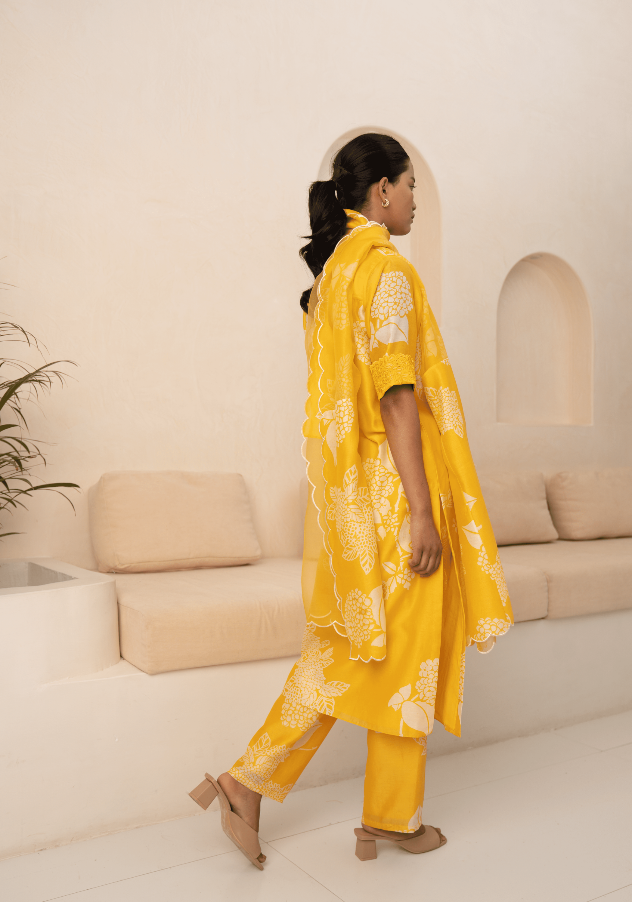 Yellow Floral Printed Tunic With Schiffli Sleeves And Pant