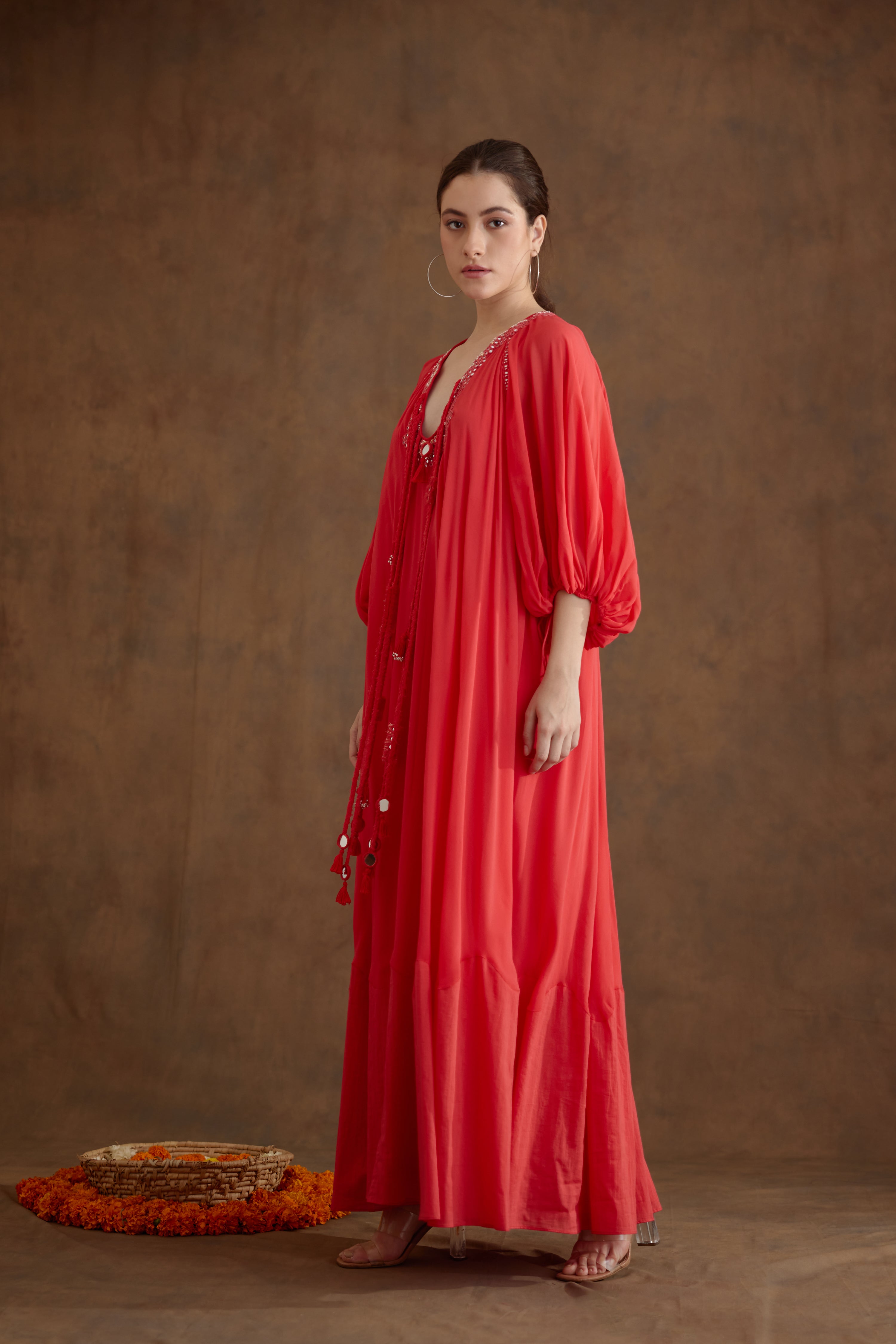 Coral Hand Embroidered Maxi Dress