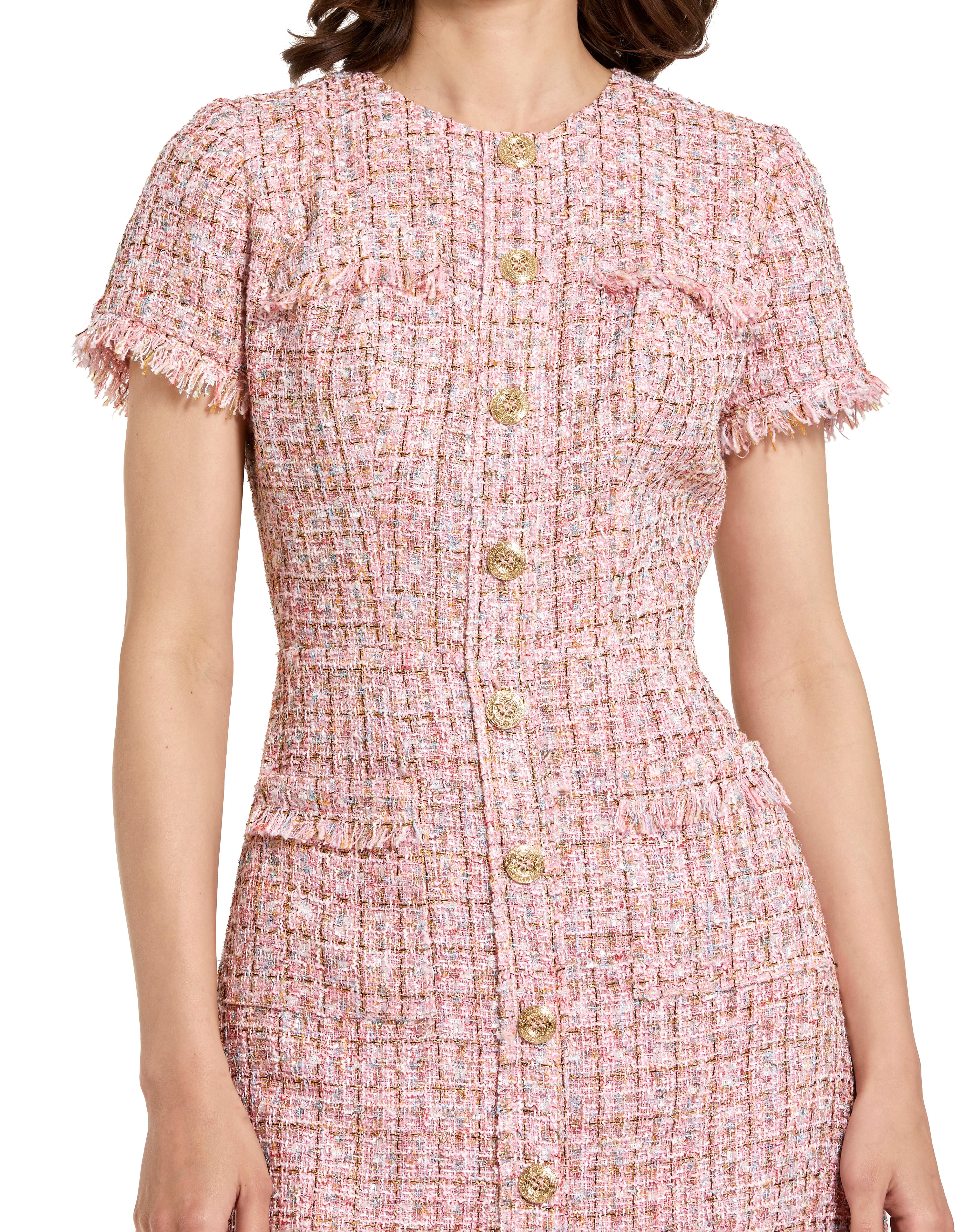 Pink Boucle Short Sleeve Mini Dress With Pockets
