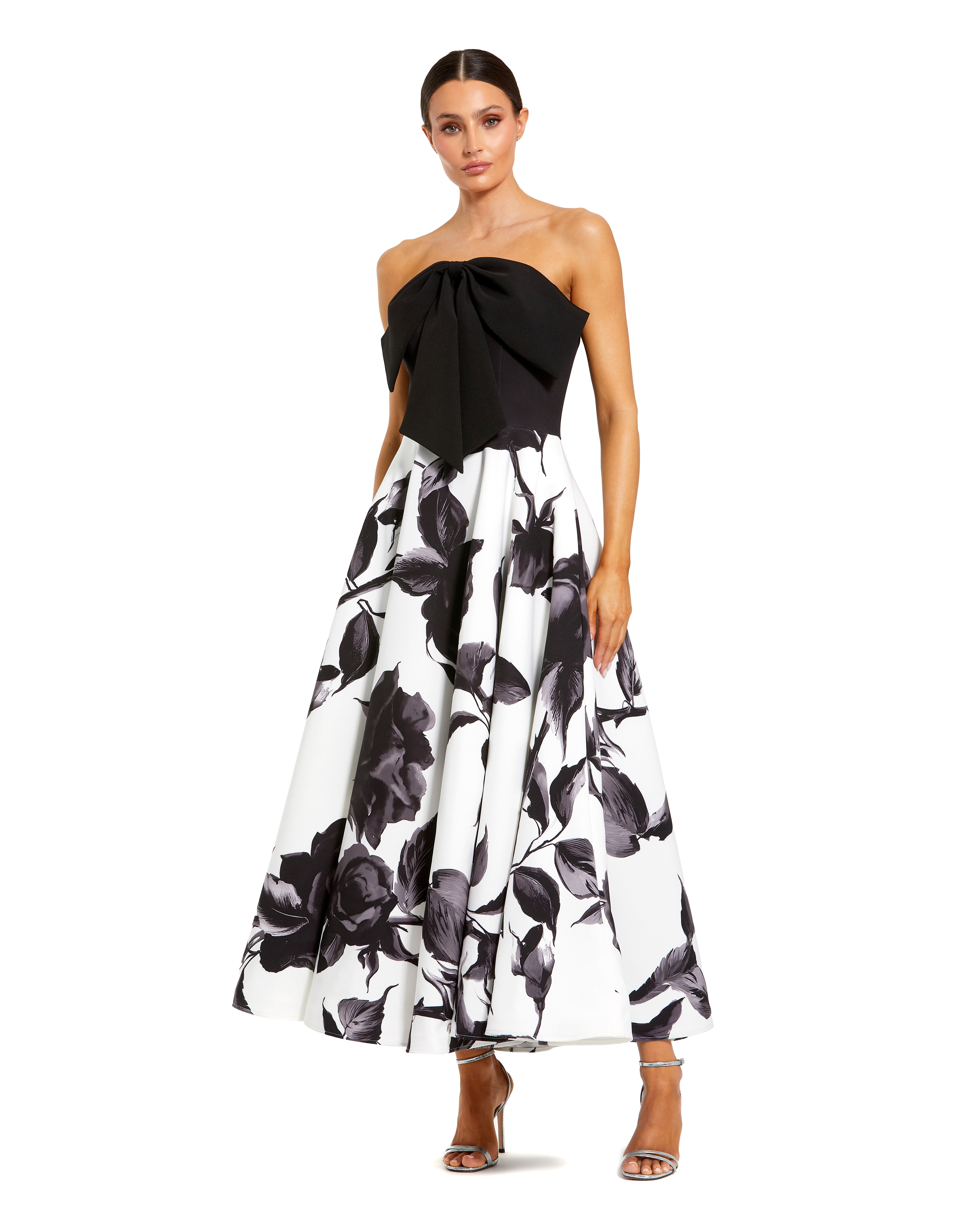 Black And White Floral Strapless Midi Dress