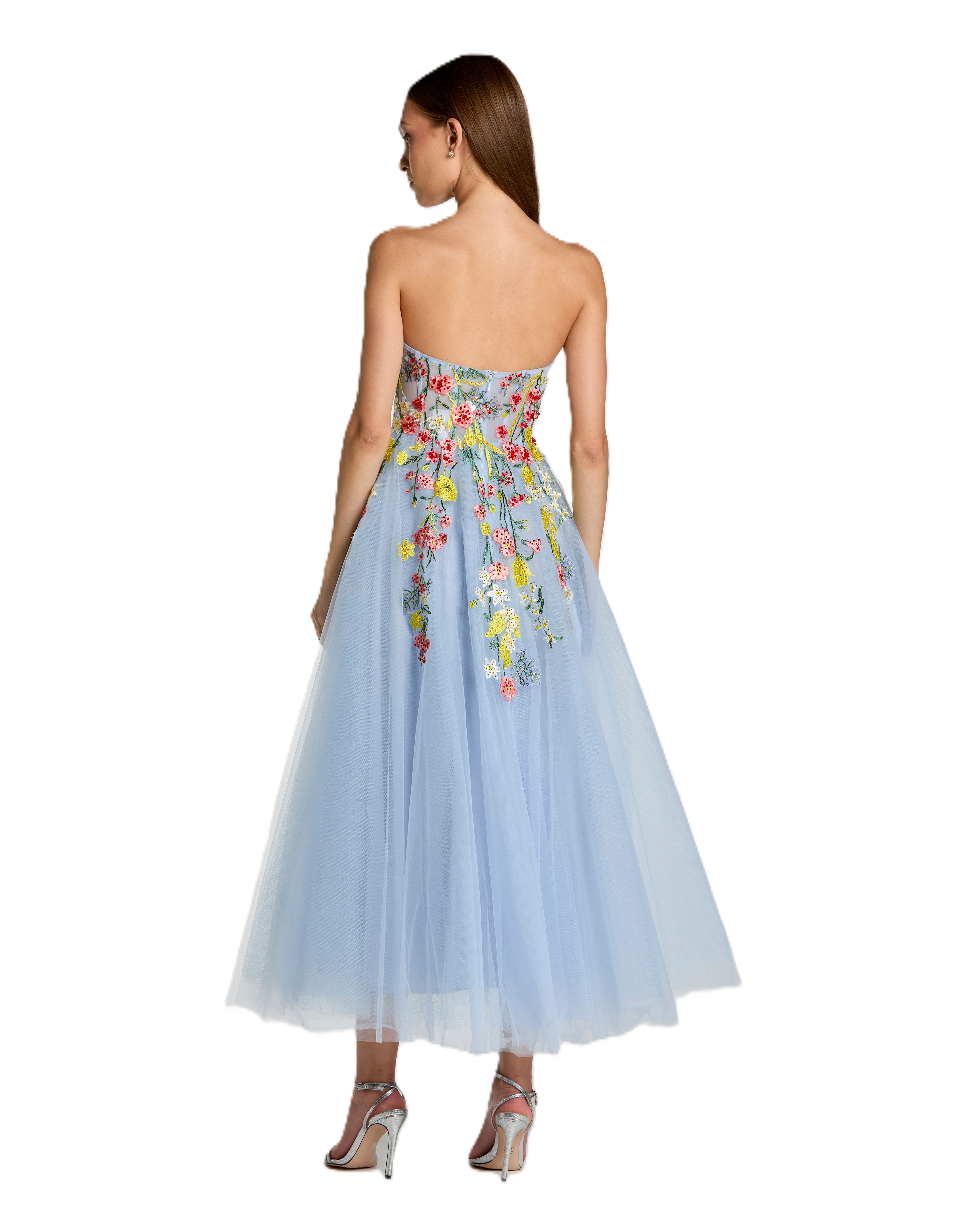 Blue Floral Embroidered Midi Dress