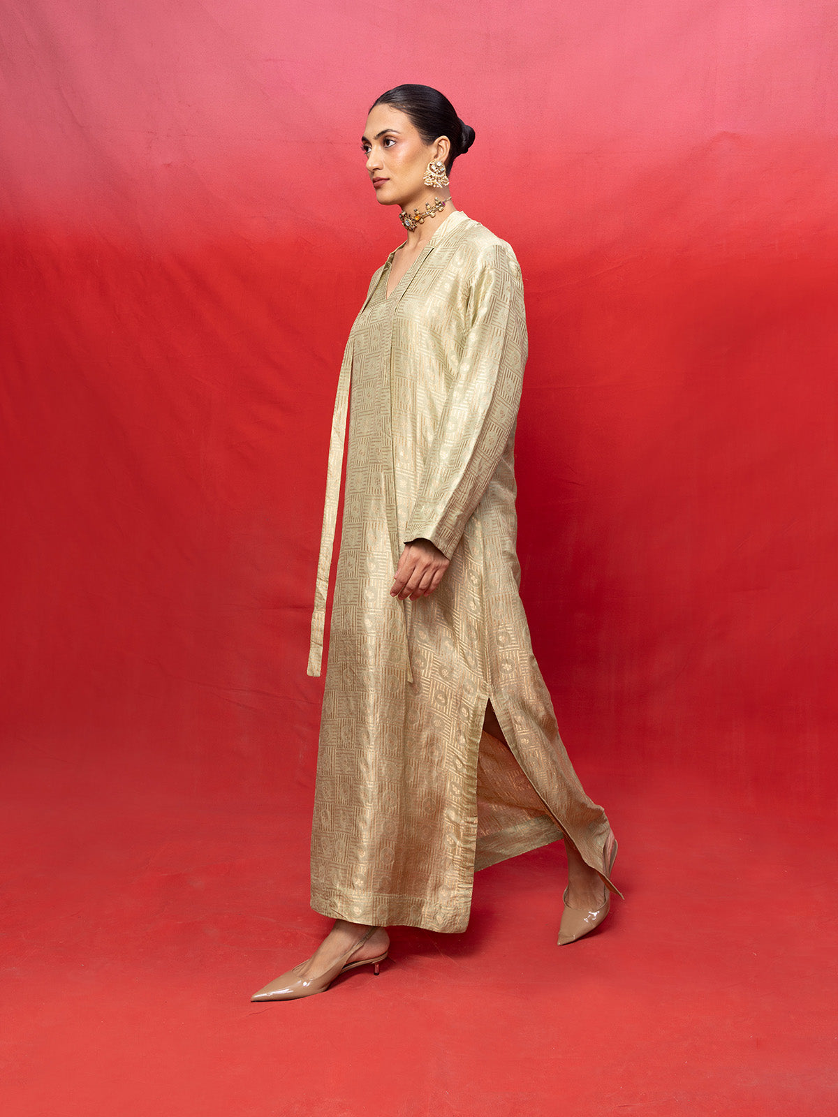 Handwoven Pistachio Green Silk Embossed Kaftan