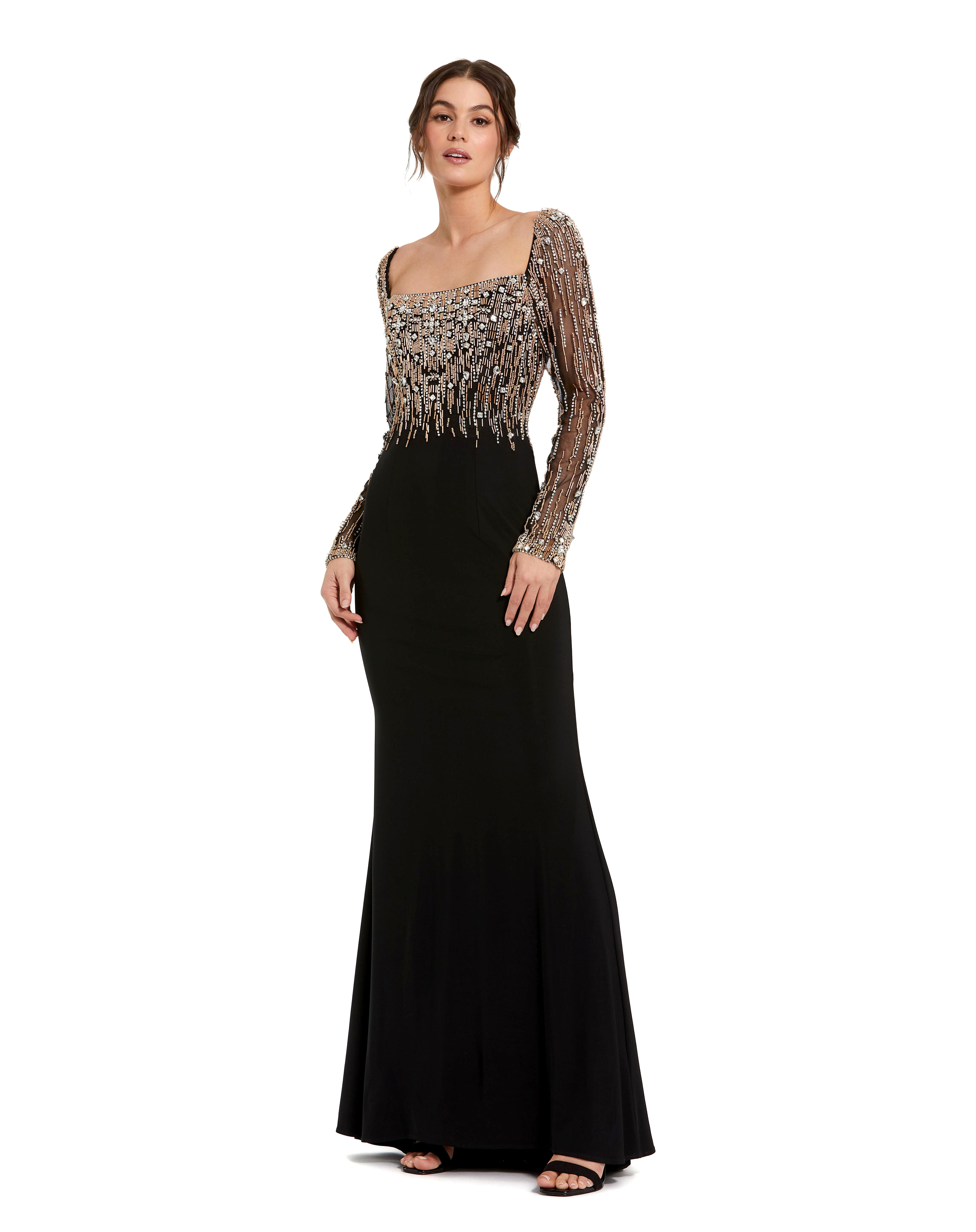 Beaded Square Neck Long Sleeve Jersey Gown