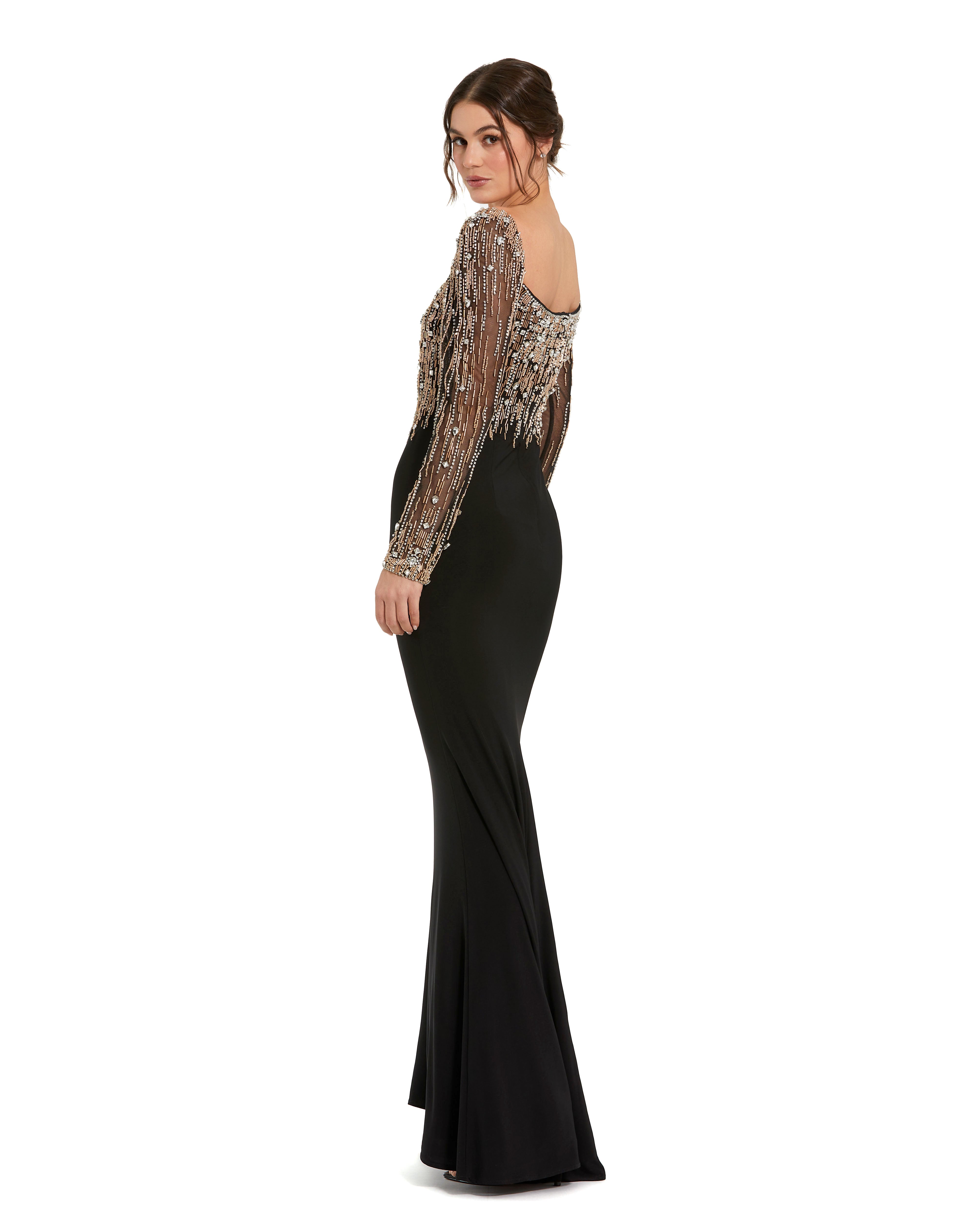 Beaded Square Neck Long Sleeve Jersey Gown