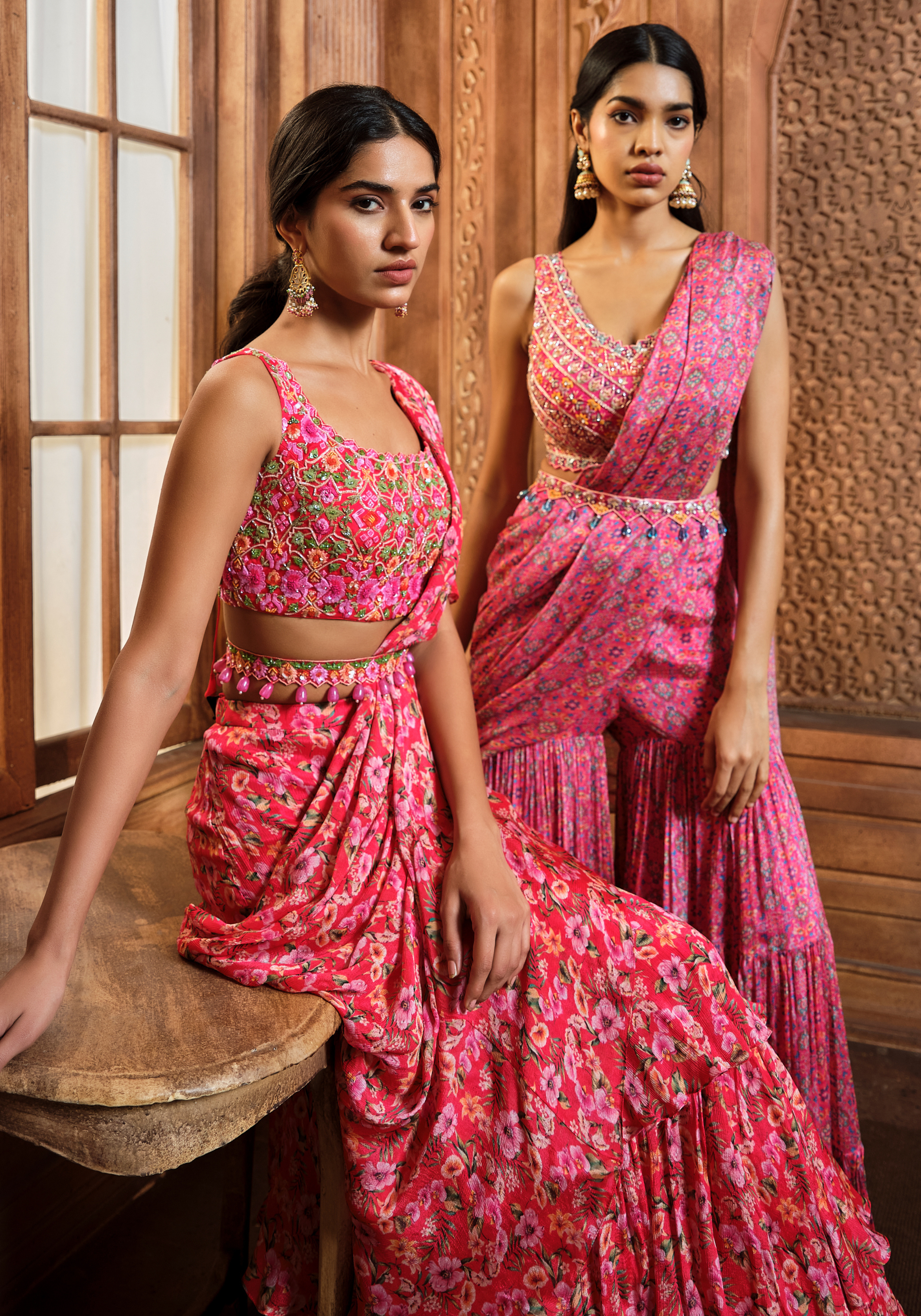 Nikita Vishakha Sharara Saree With Blouse | Pink, Floral Motifs, Saree,  Round, Full