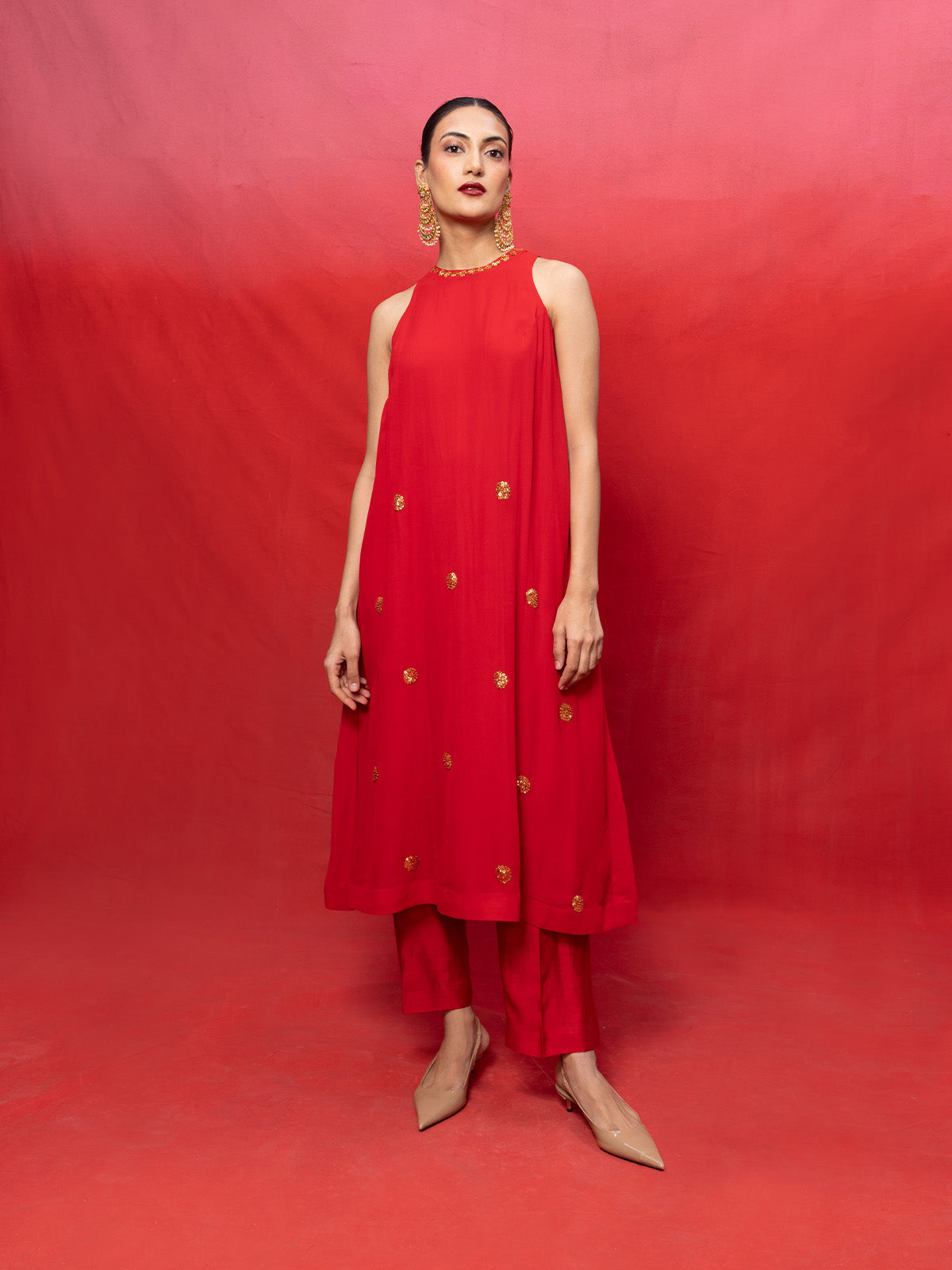 Handwoven Red Georgette Embroidered Suit Set