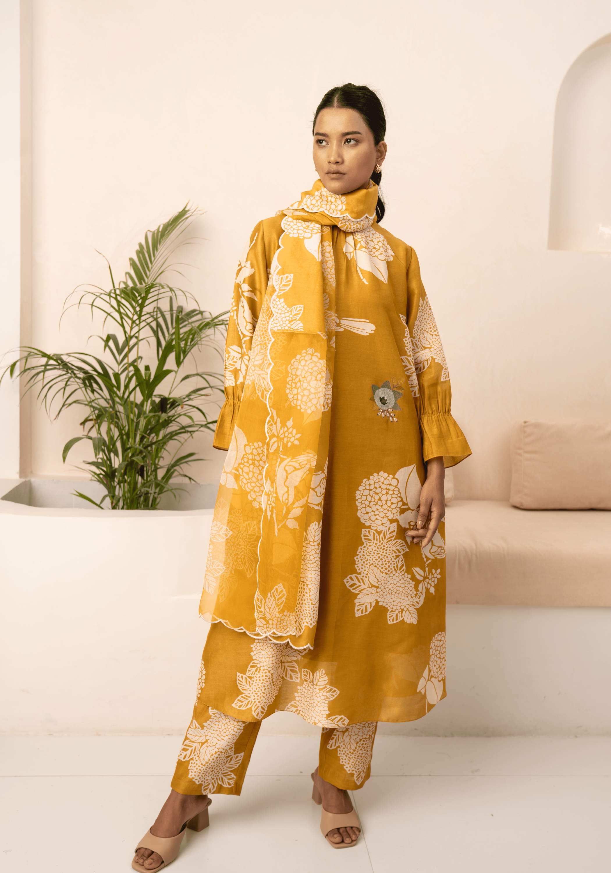 Ochre Floral Printed Tunic And Pant With Dupatta
