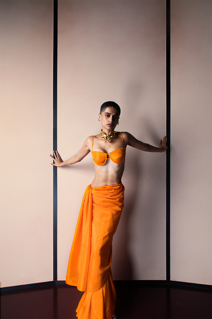 Handwoven Tangerine Orange Silk Sari