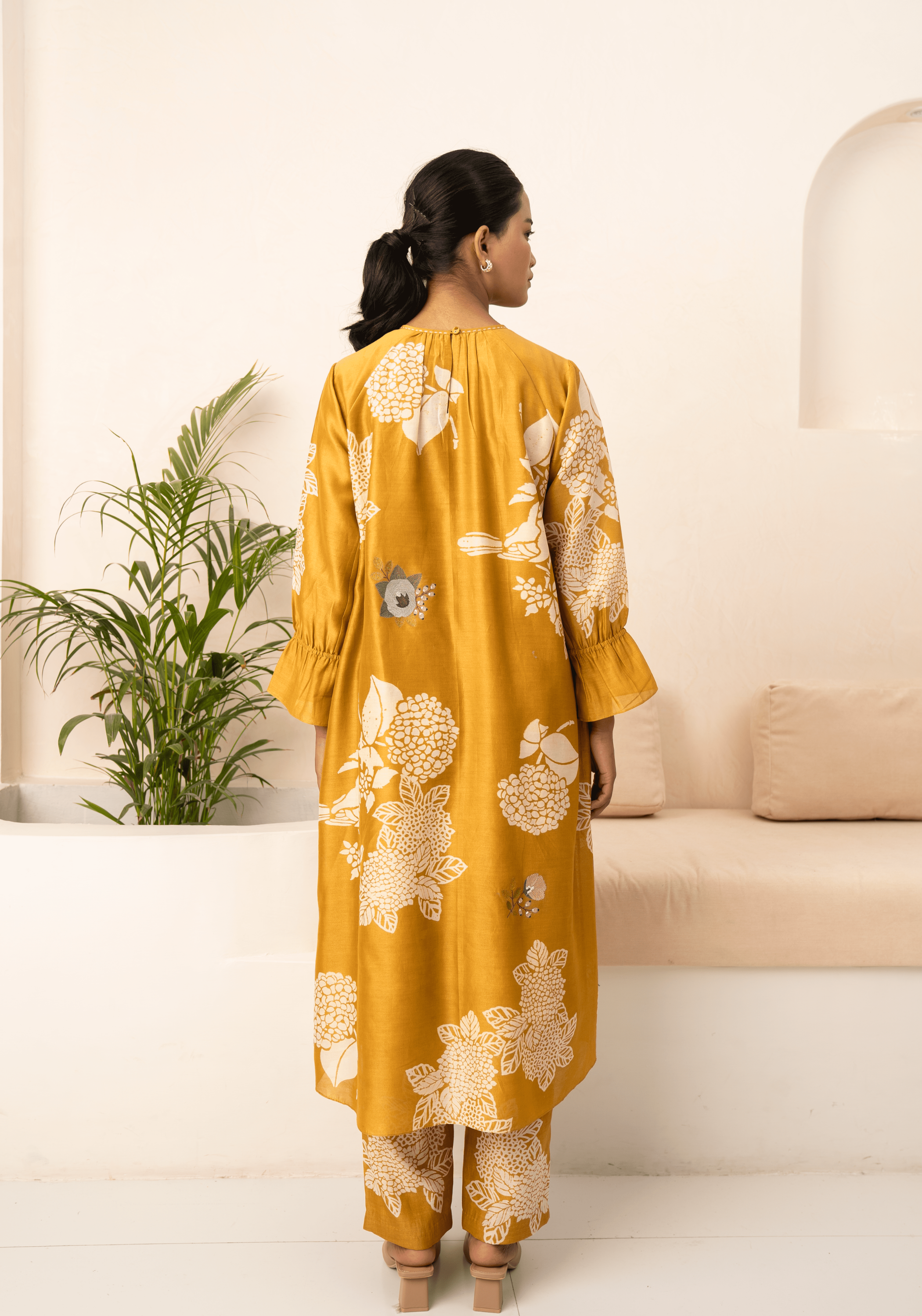 Ochre Floral Printed Tunic And Pant With Dupatta