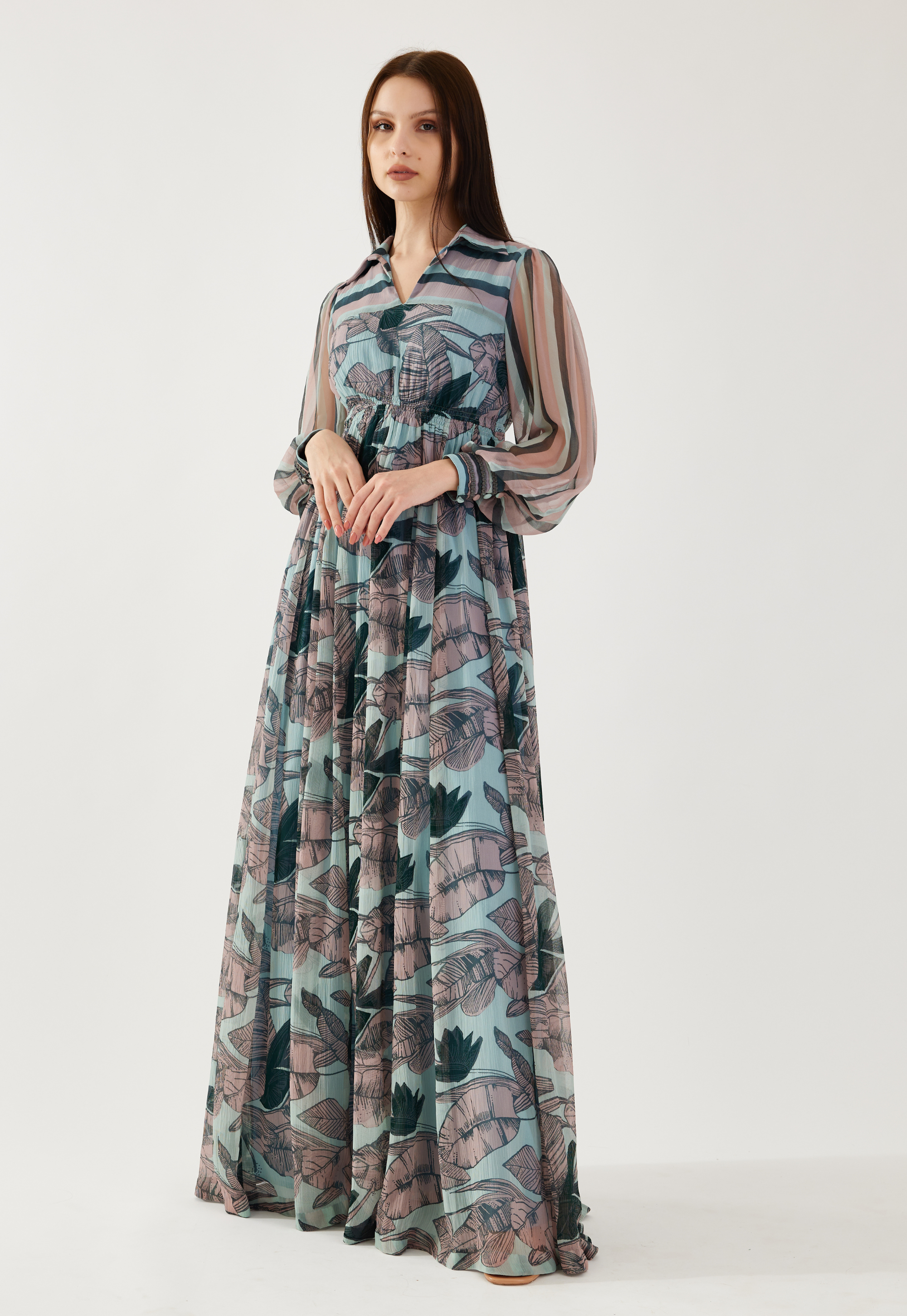 Sky blue, pink and green floral long dress