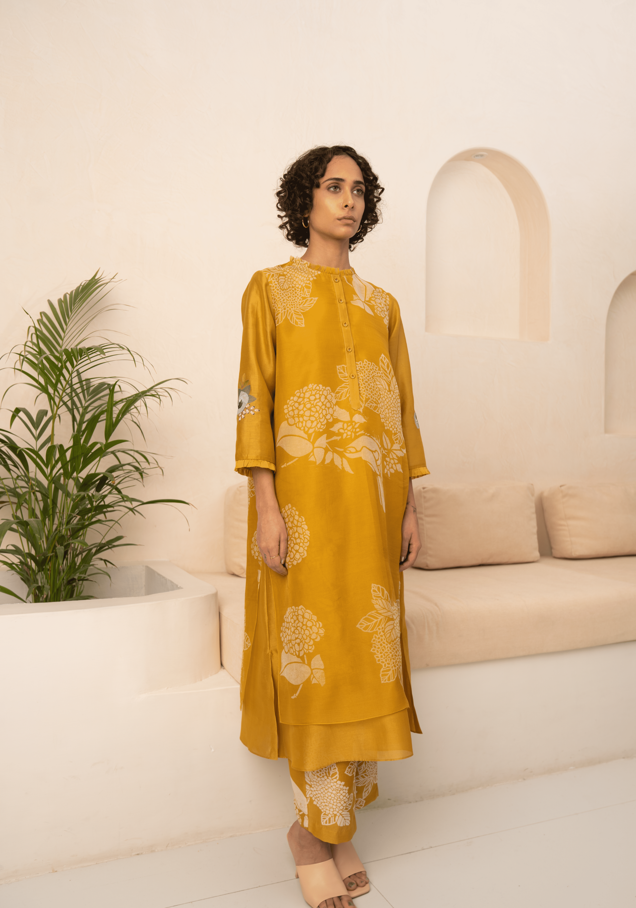 Ochre Floral Double Layered Tunic And Pant With Dupatta