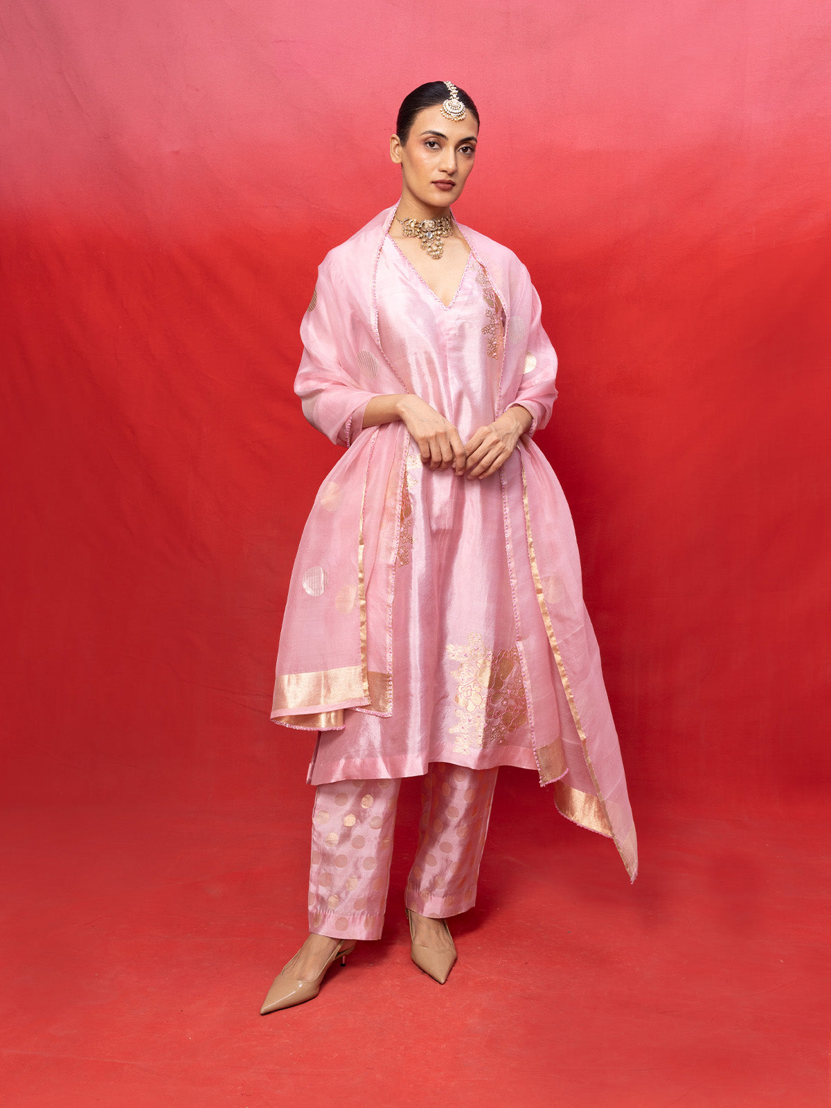 Handwoven Pink Silk Banarasi Suit Set
