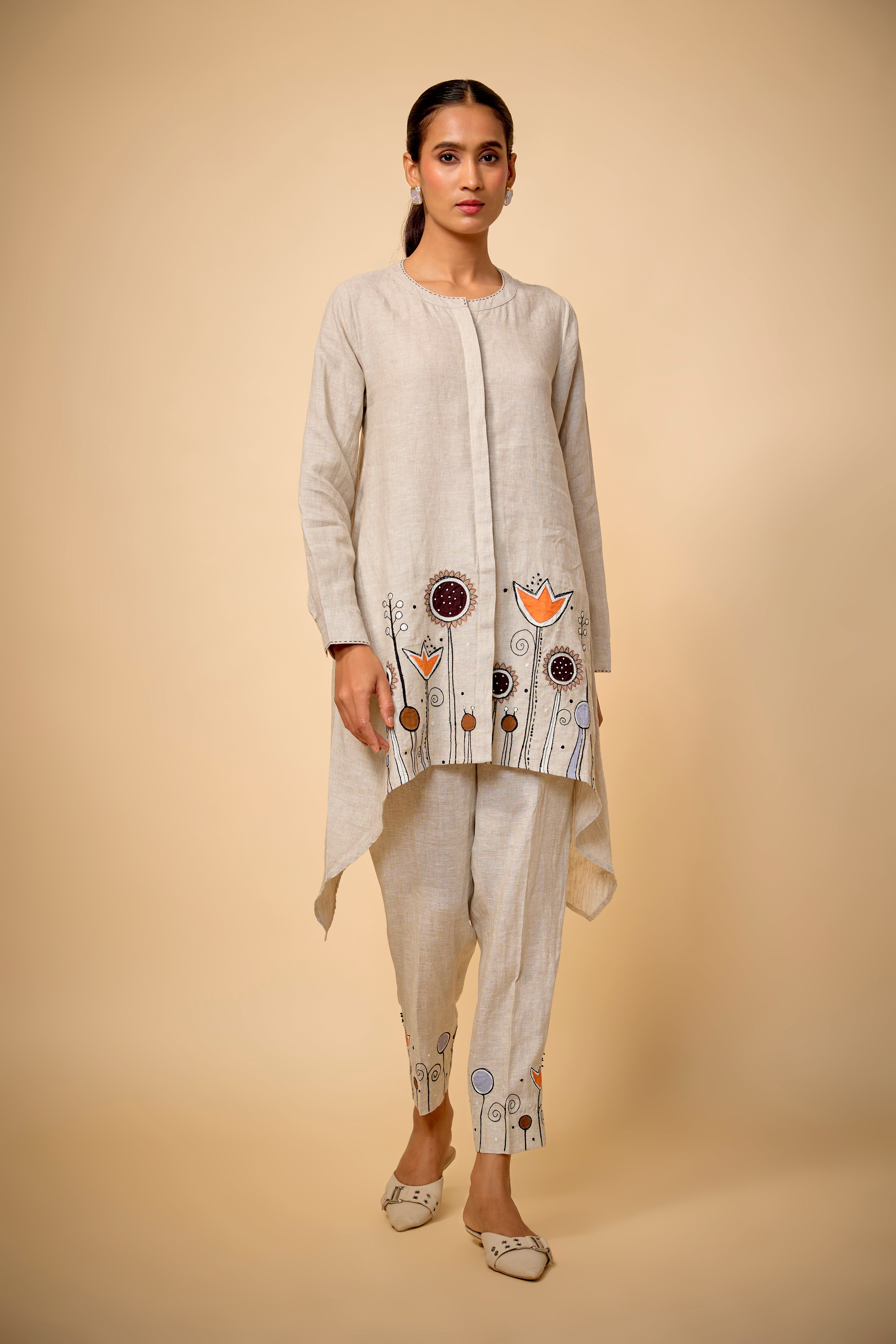 Pure Linen Beige Floral Co-ord Set