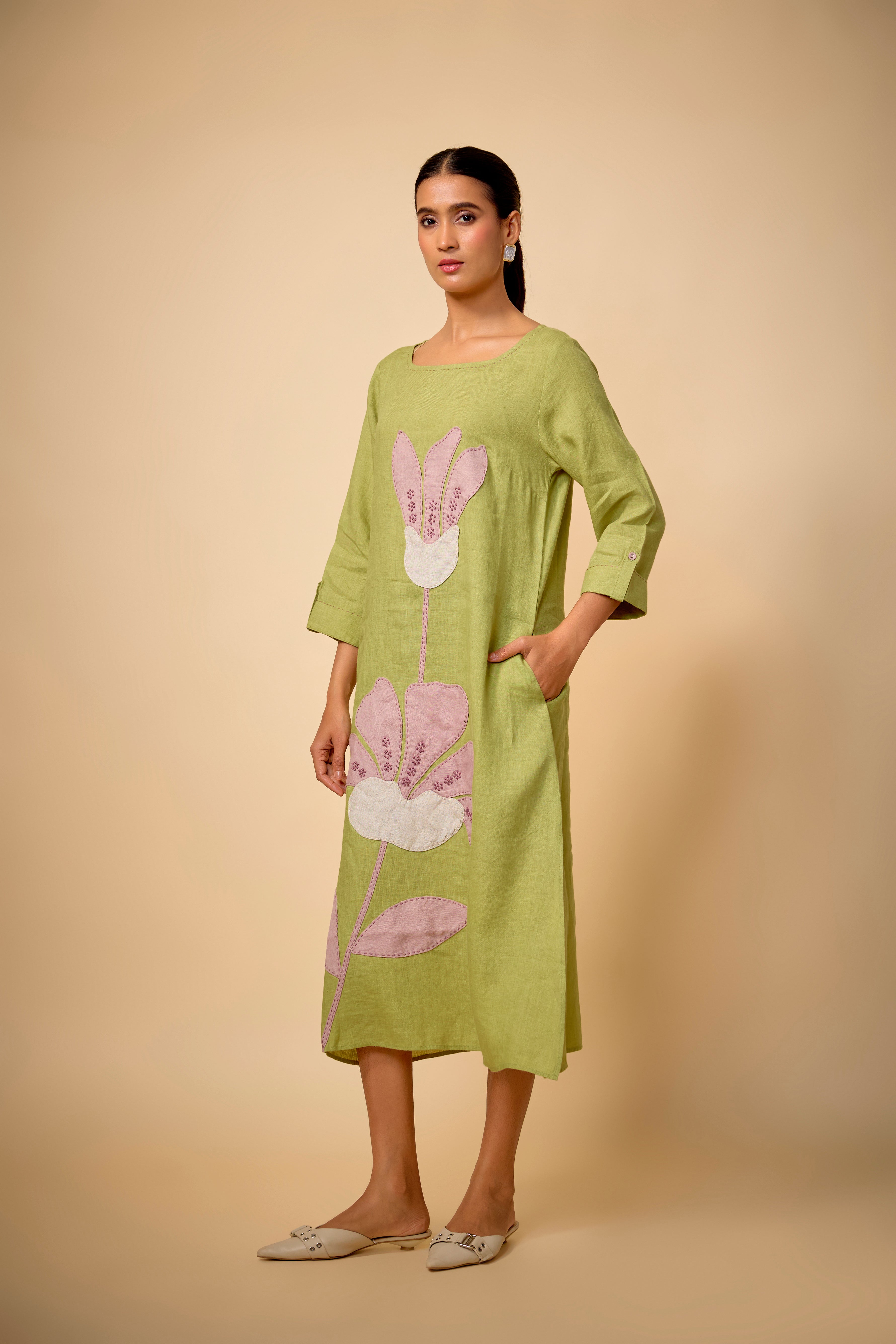 Pure Linen Pista Green Pink Floral Embroidered Dress