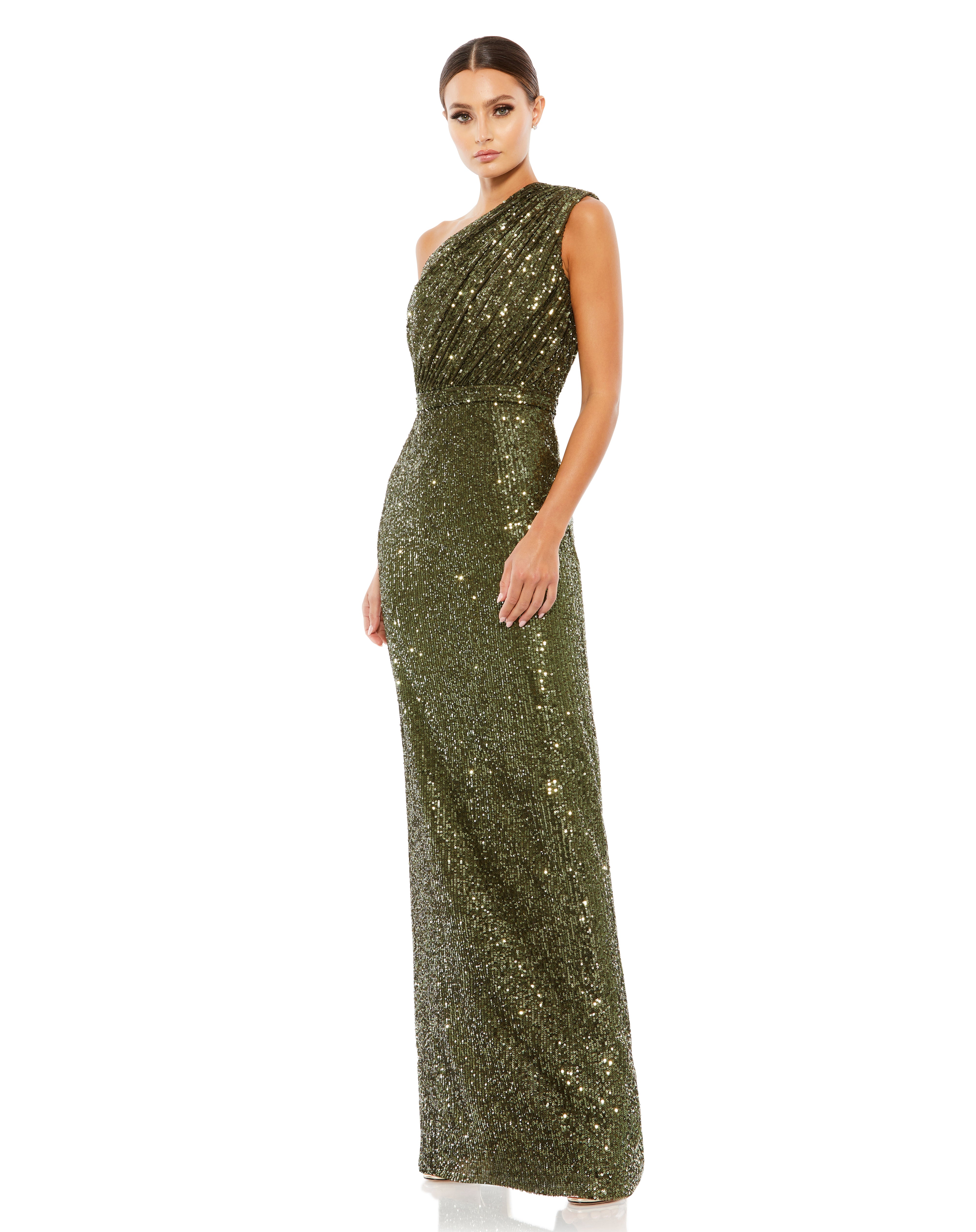 Sequined Ruched One Shoulder Gown