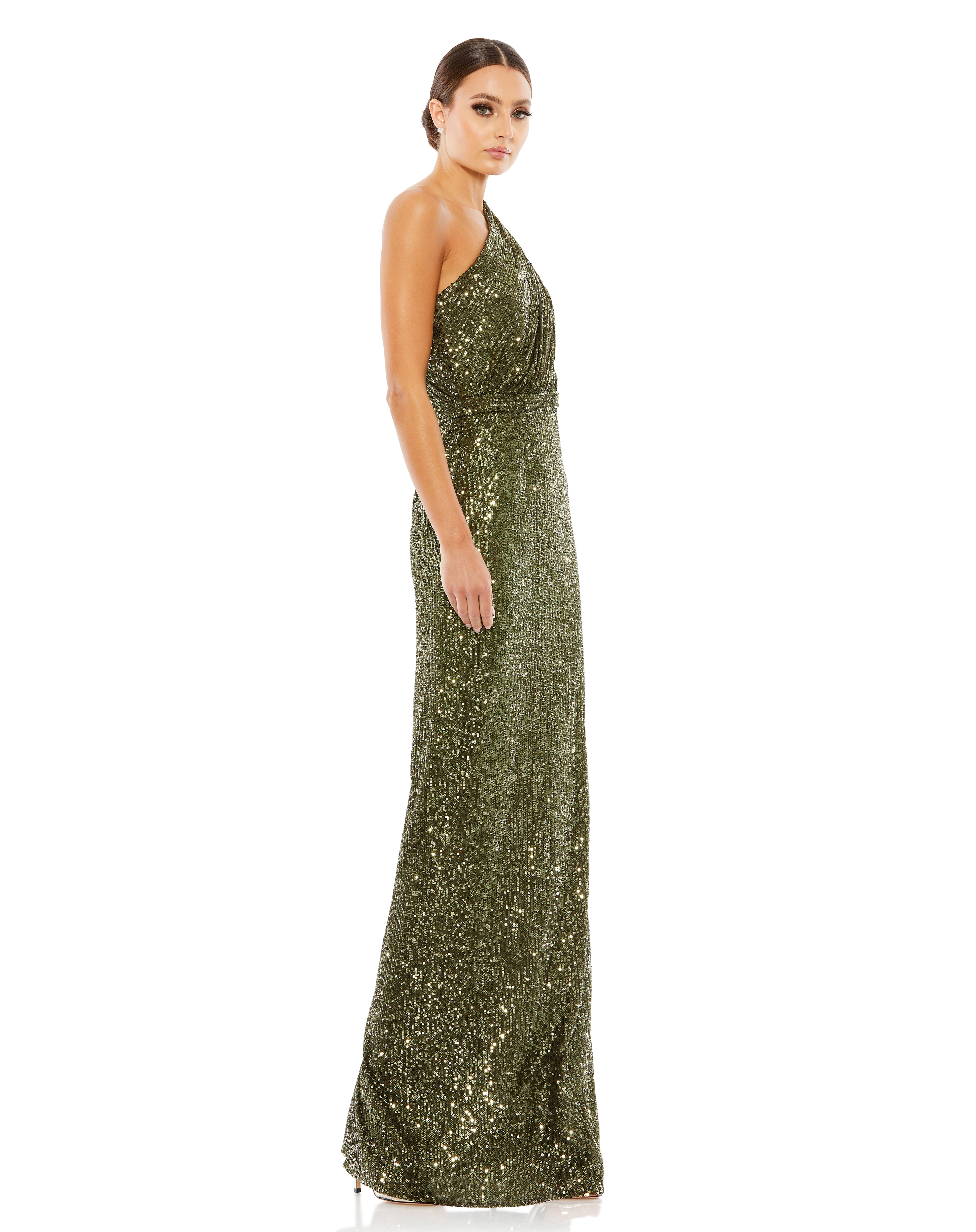 Sequined Ruched One Shoulder Gown