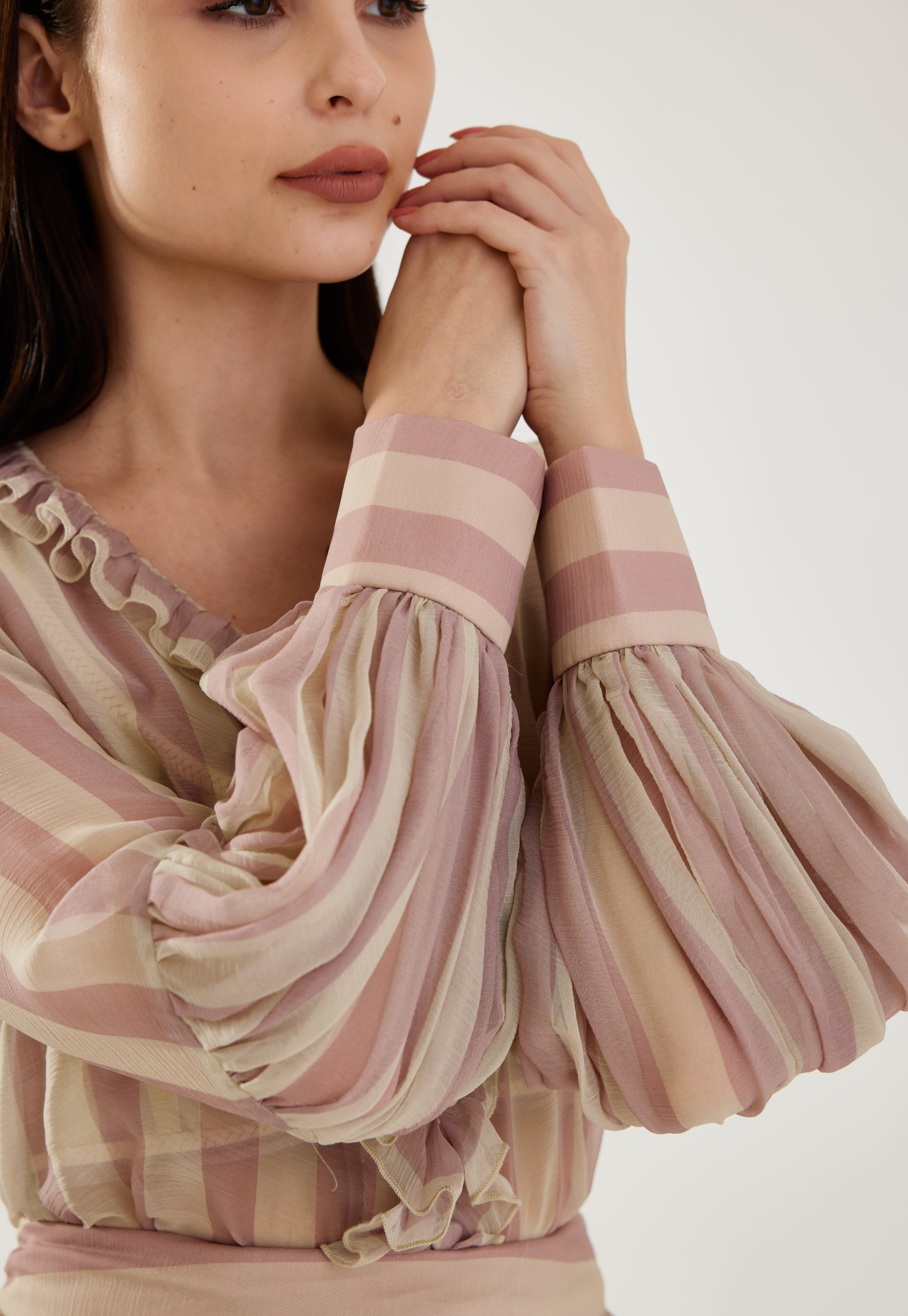 Rose pink and cream stripe frill shirt