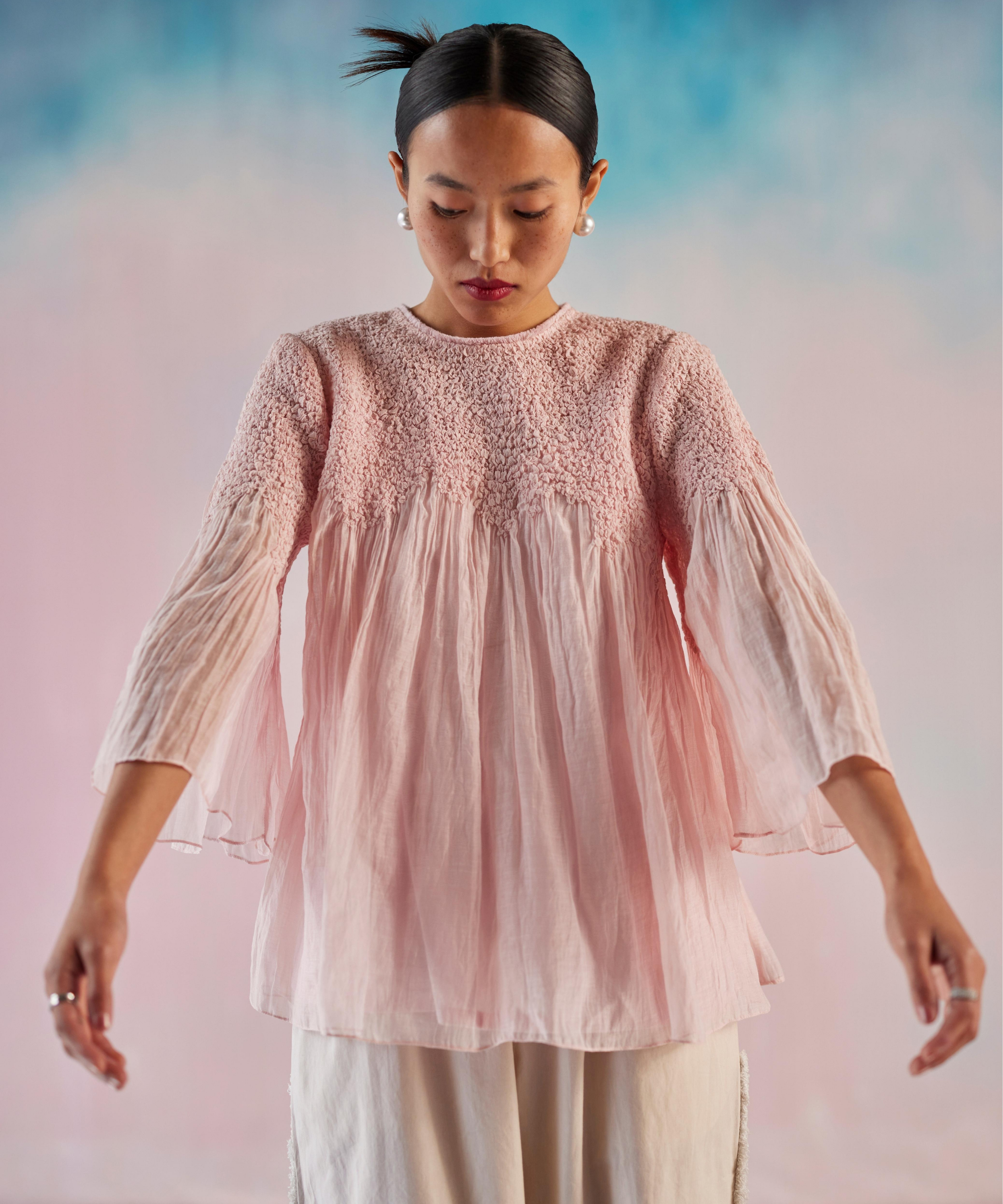 Cloud Pink Chanderi Smocking Top With Inner