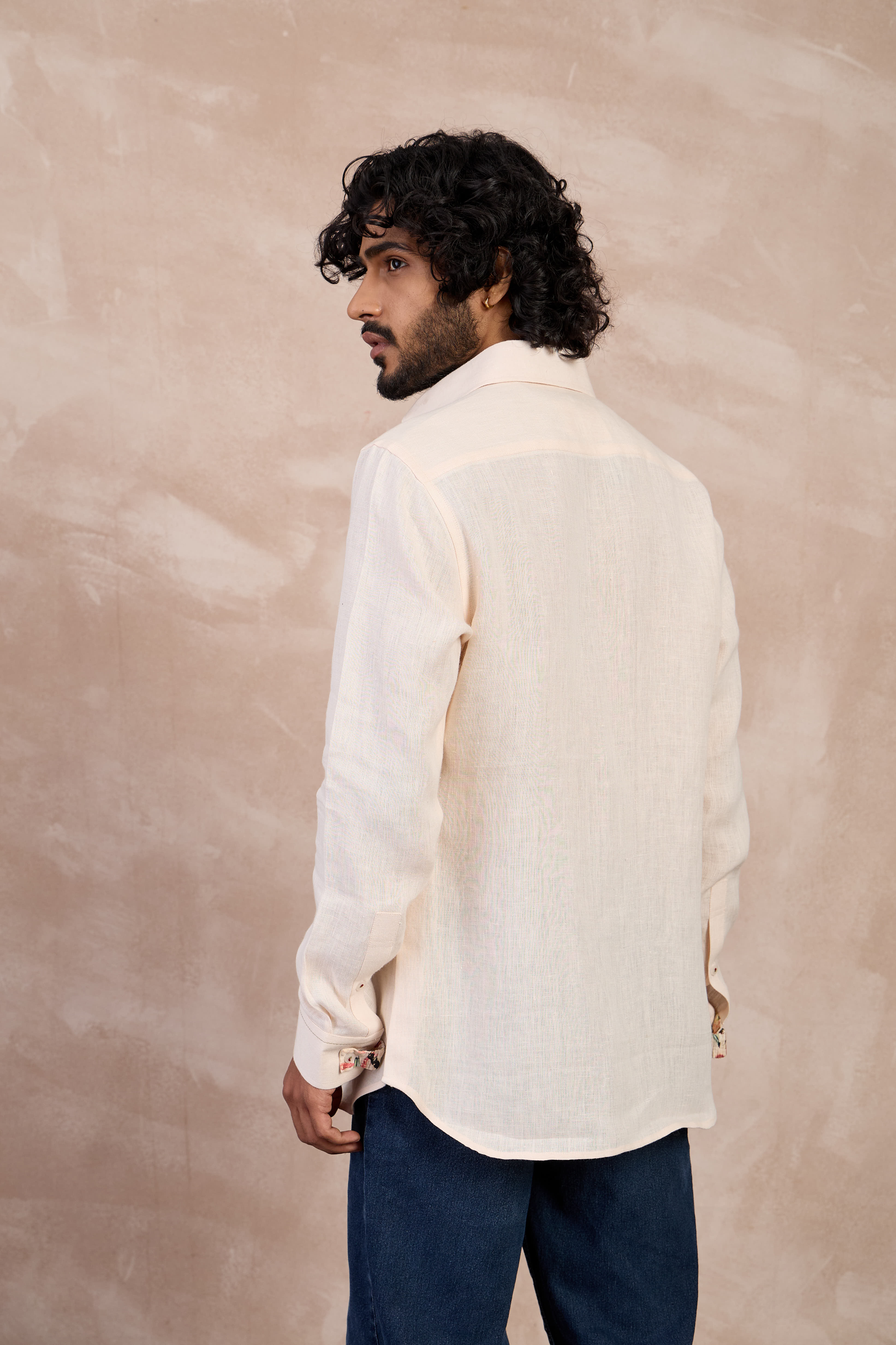 Botenical Peach Flower Emb Linen Shirt