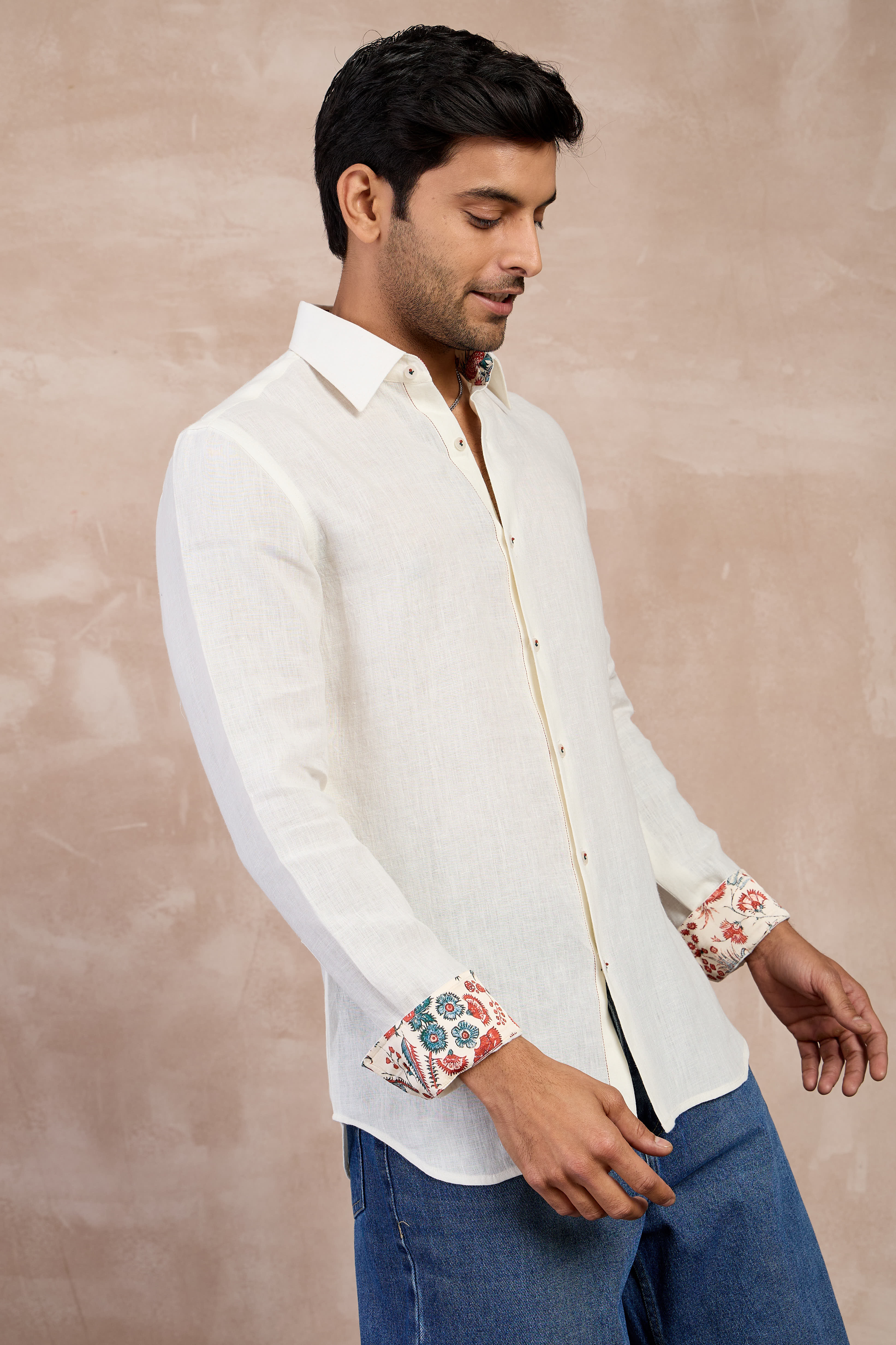 Grey Pineapple Flower Emb Linen Shirt