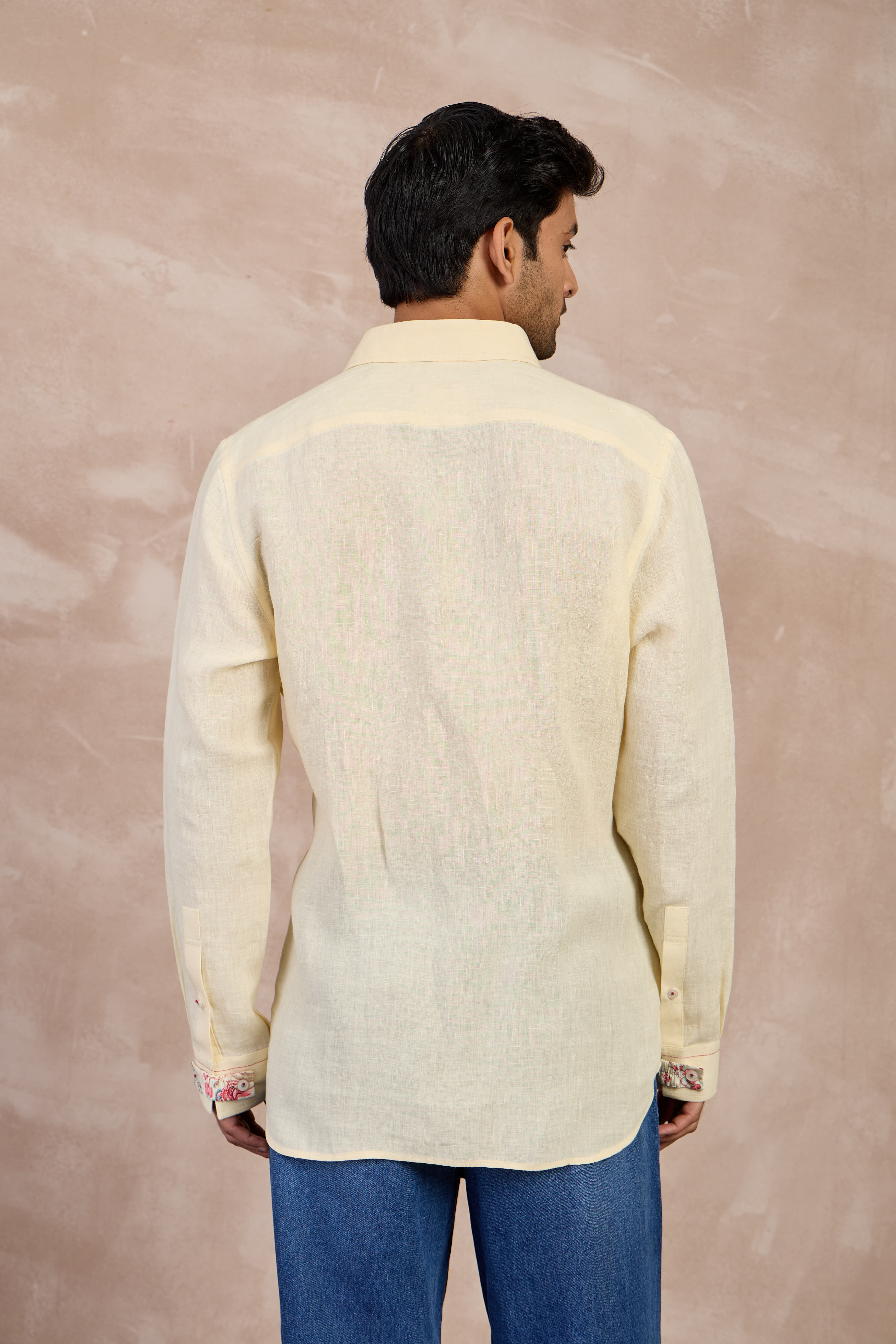 Butter Cream  Flower Emb Linen Shirt