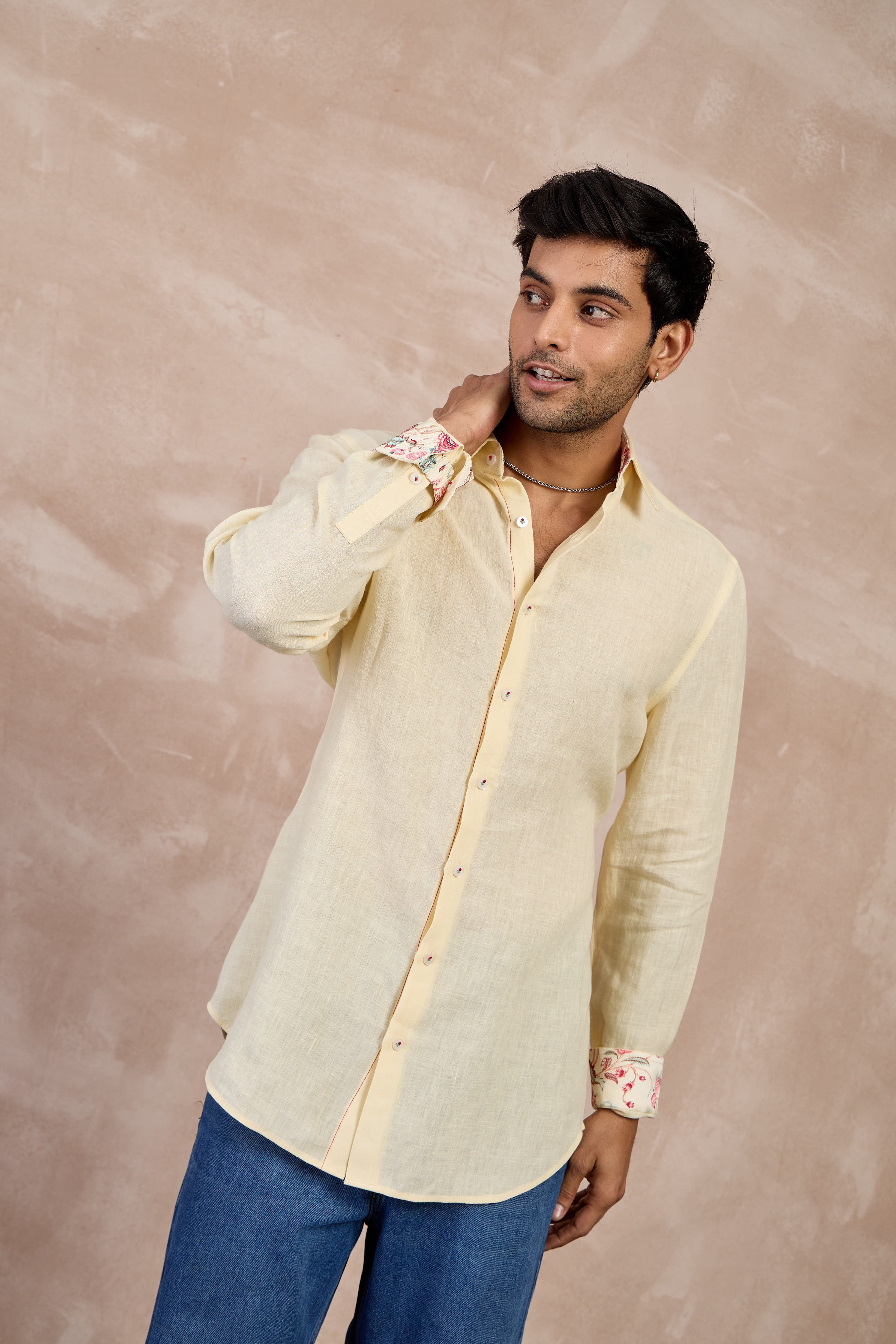 Butter Cream  Flower Emb Linen Shirt