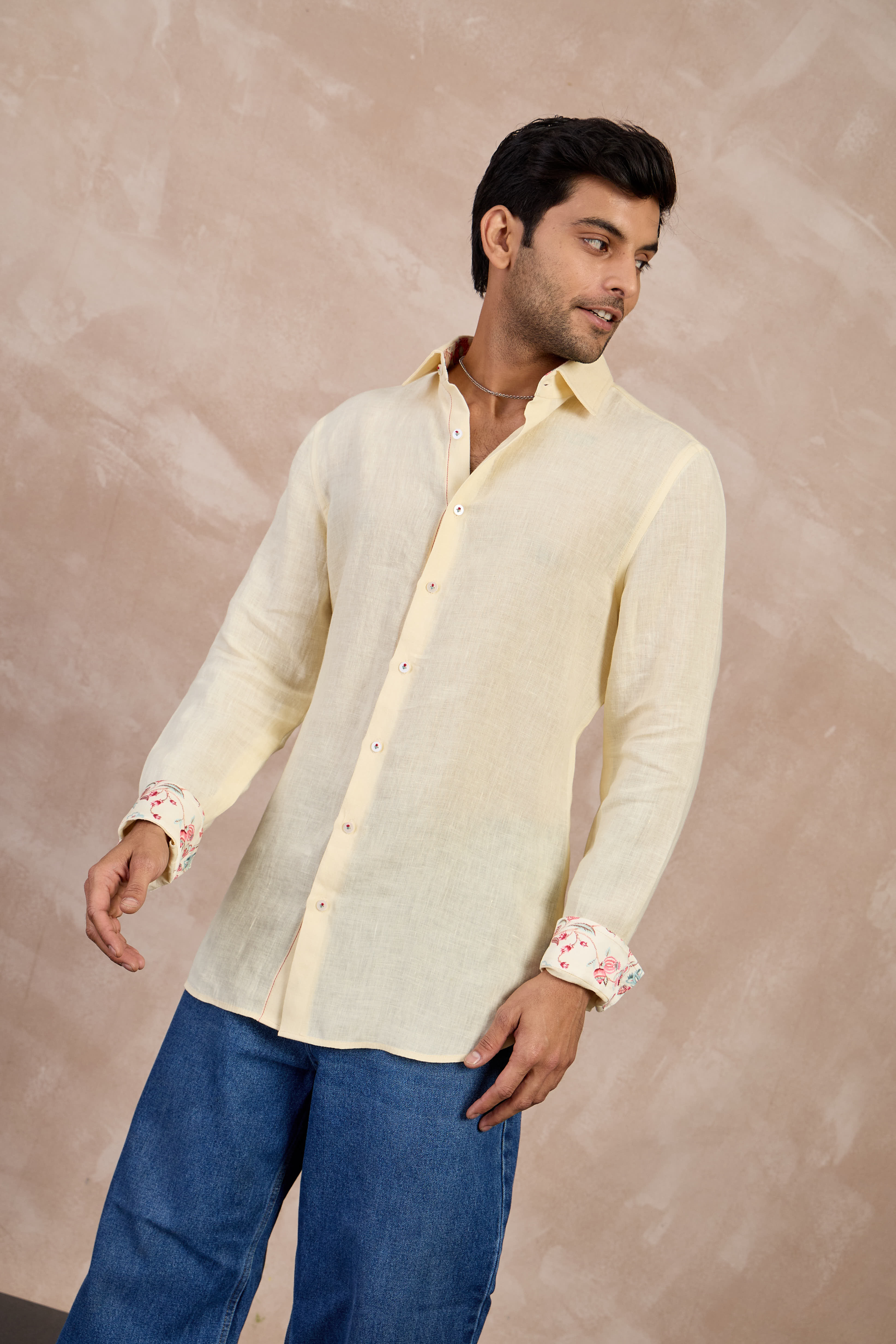 Butter Cream  Flower Emb Linen Shirt